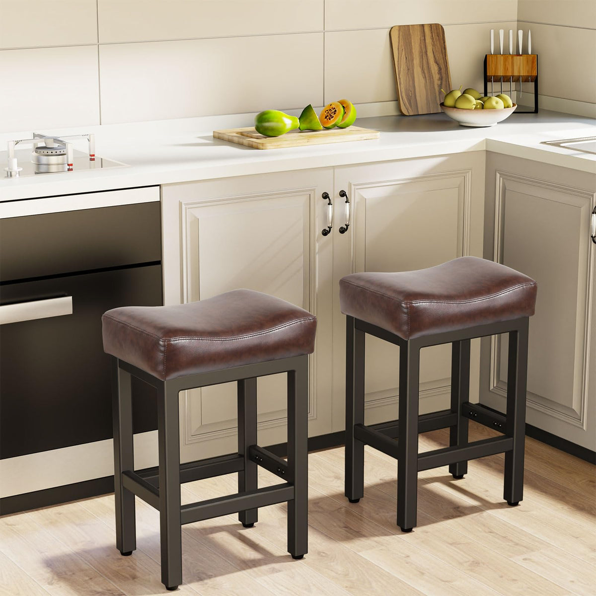 Raynesys 24 Inche Bonded Leather Counter Height Bar Stools Set of 2 Square