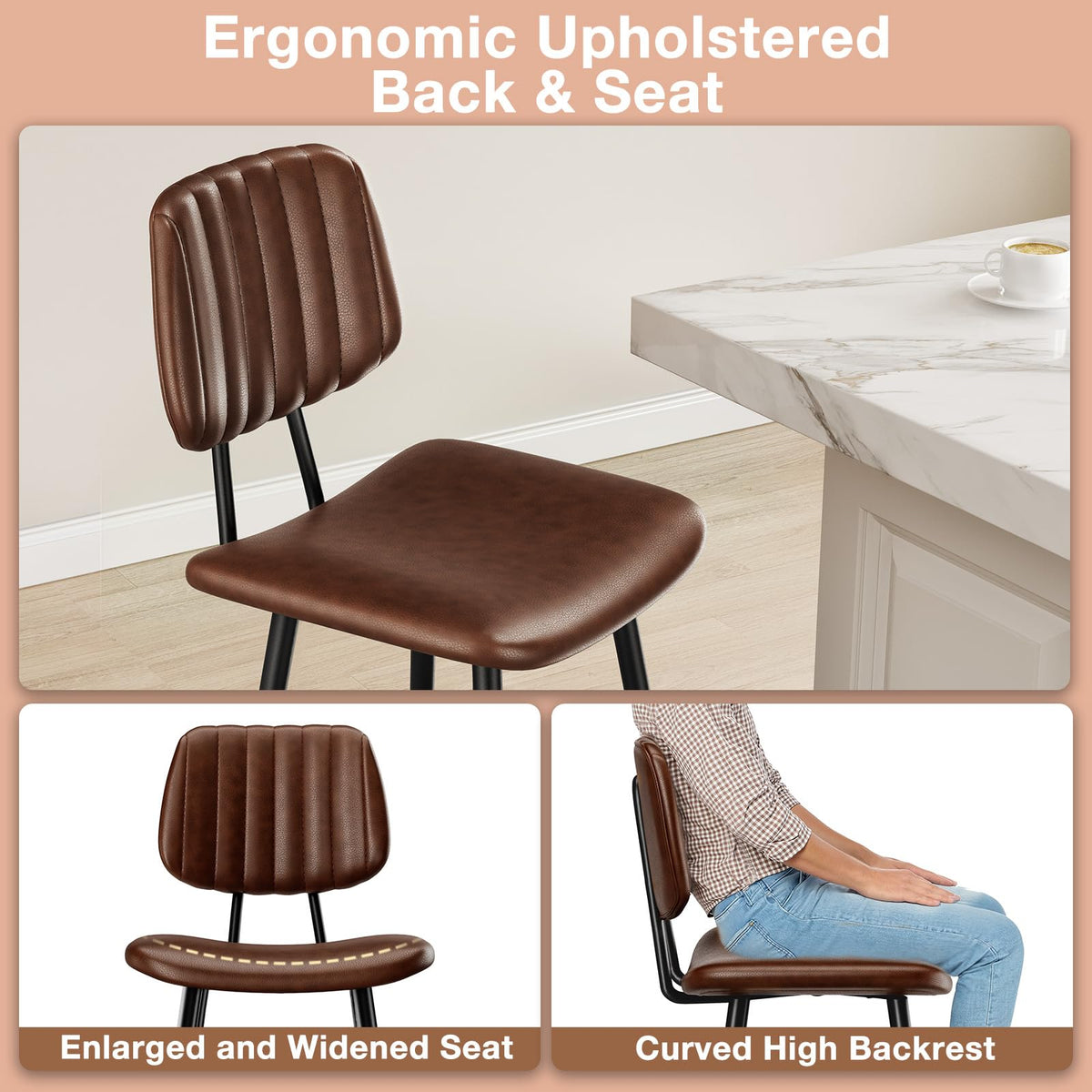 Raynesys 24-Inch Leather Bar Stools Set of 2 with High Backrest, Dark Brown