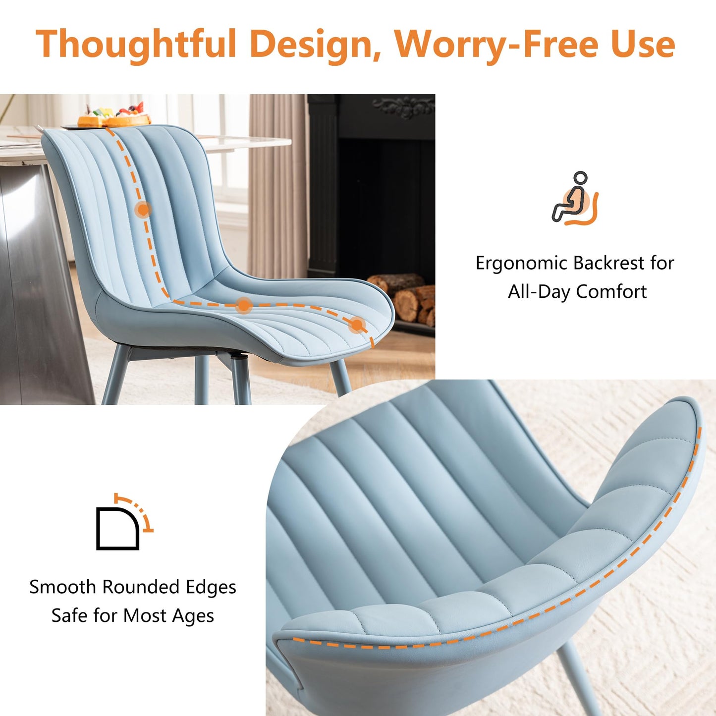 YOUNUOKE Mid-Century Modern Dining Chairs Set of 2, Blue PU Leather