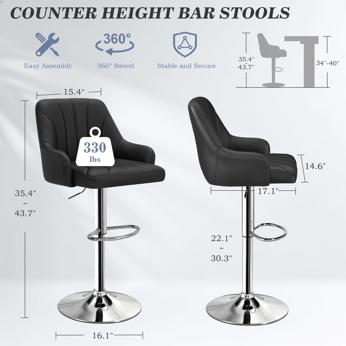 VECELO Bar Stools Set of 2, Adjustable Barstools, Counter Height Stools with Back and Arm, Kitchen Island Stools, Swivel PU Chairs for Pub, Dining Room, Modern Style, Black