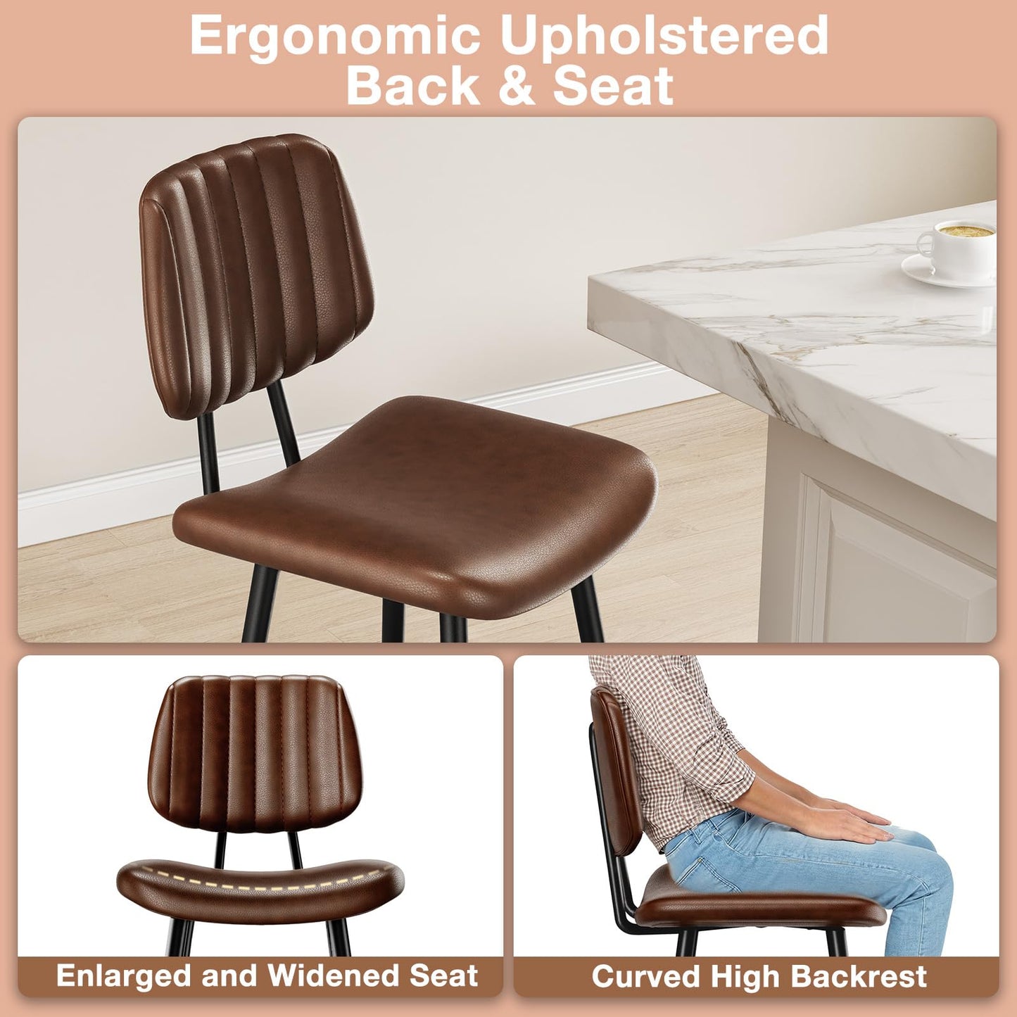 Raynesys 29-Inch Leather Bar Stools Set of 3 with High Backrest, Dark Brown