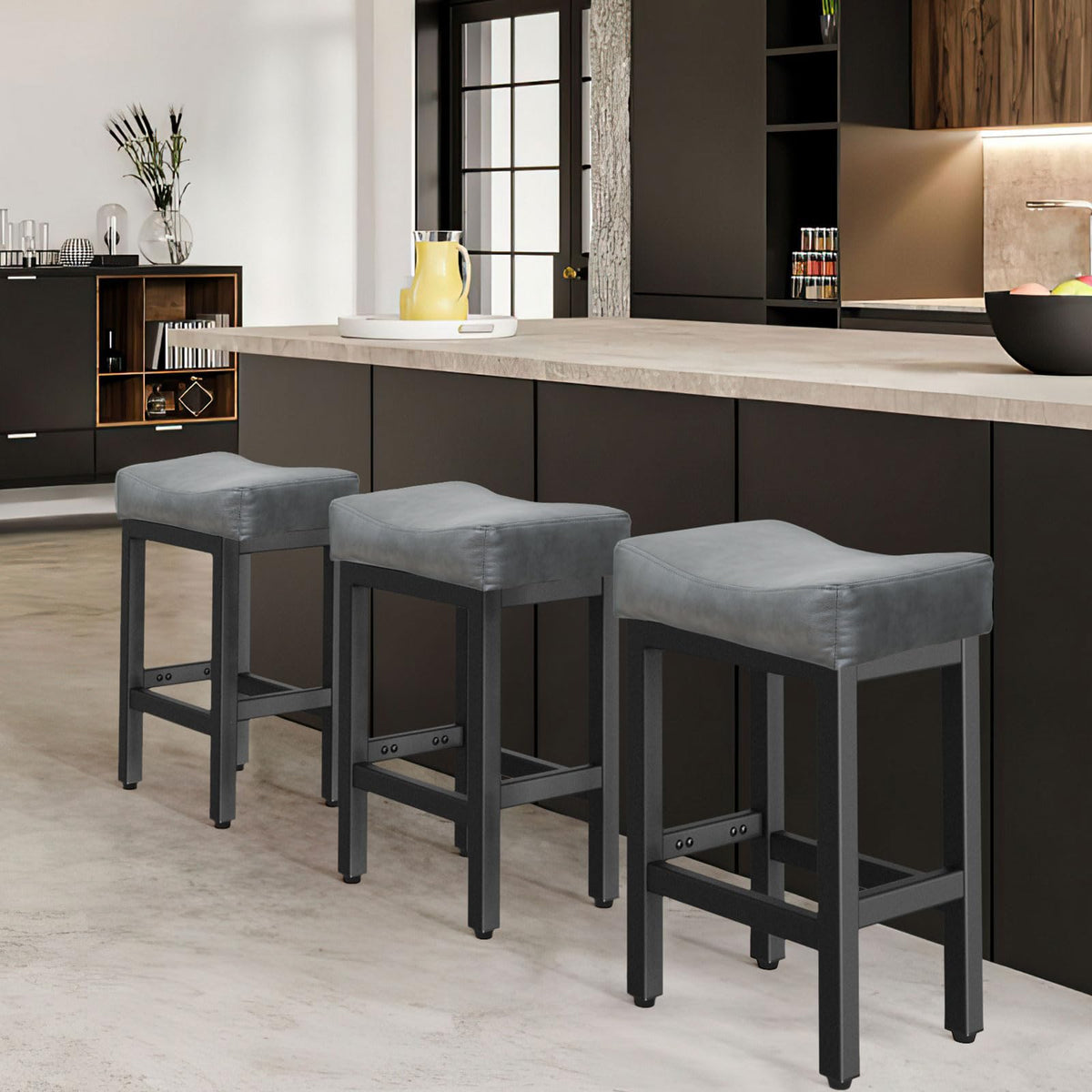 Raynesys 24 Inche Bonded Leather Counter Height Bar Stools Set of 2 Square