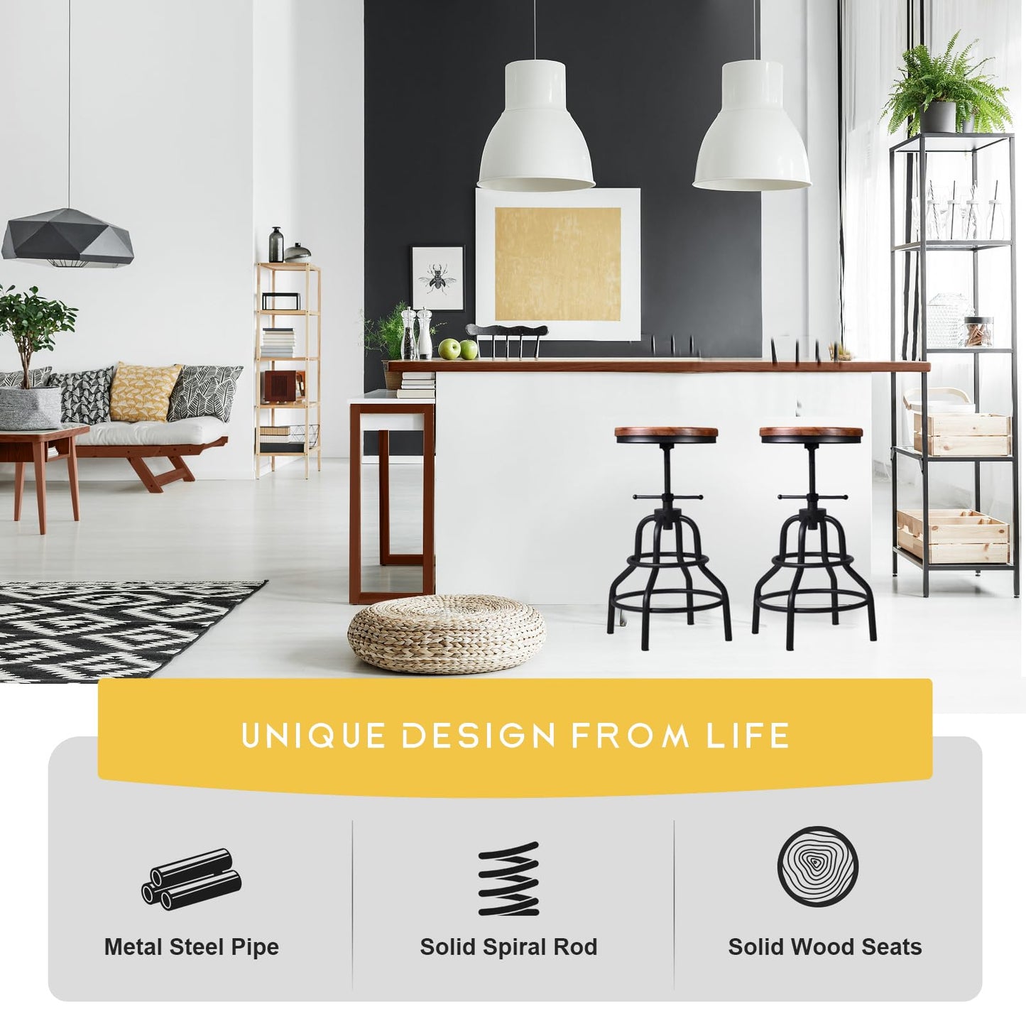 LOKKHAN Vintage Industrial Bar Stool-Rustic Swivel Barstools-Round Wood Metal Base-Kitchen Counter Height Adjustable Pipe Stool-Cast Steel Chairs 20-27 Inch (Set of 2)
