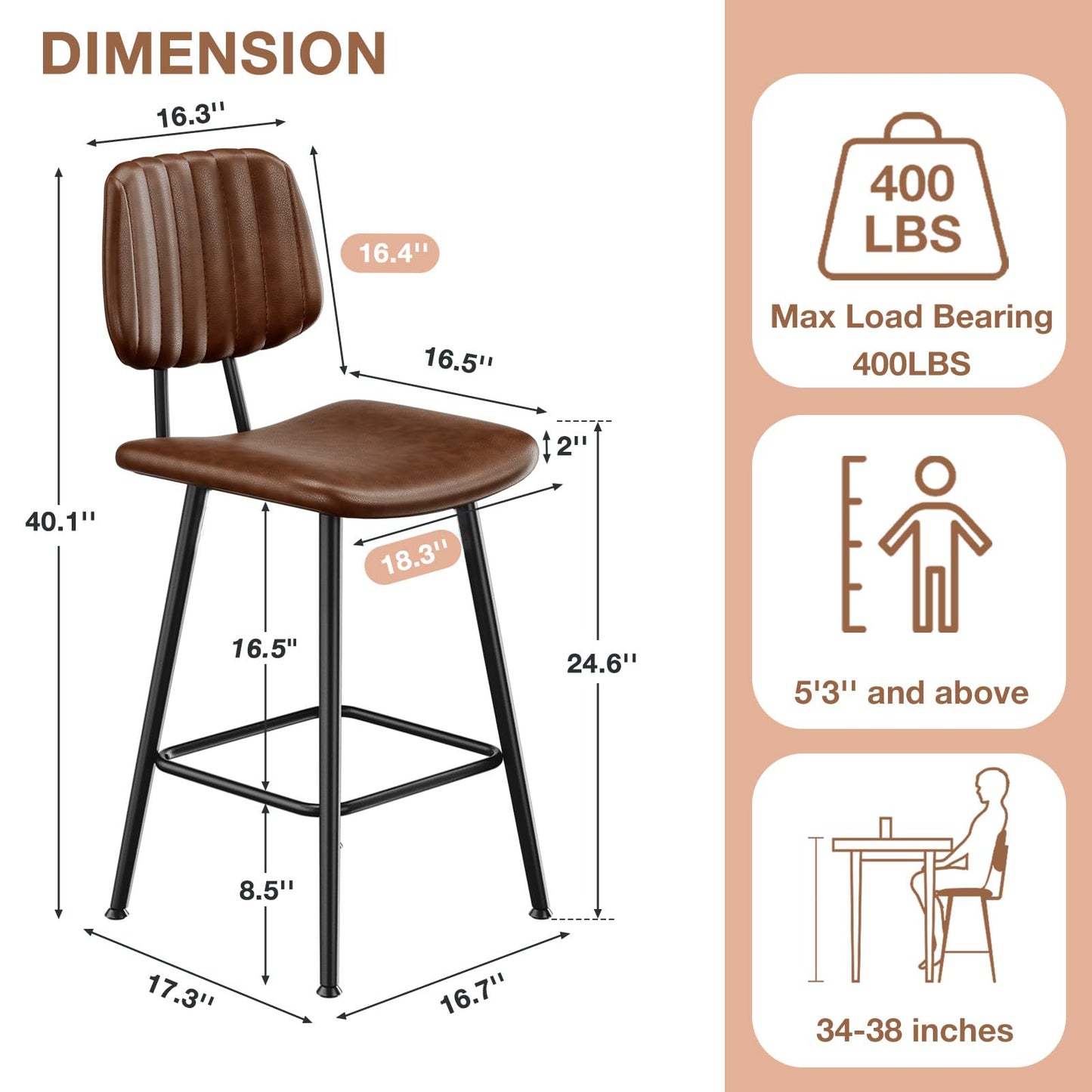 Raynesys 24-Inch Leather Bar Stools Set of 2 with High Backrest, Dark Brown