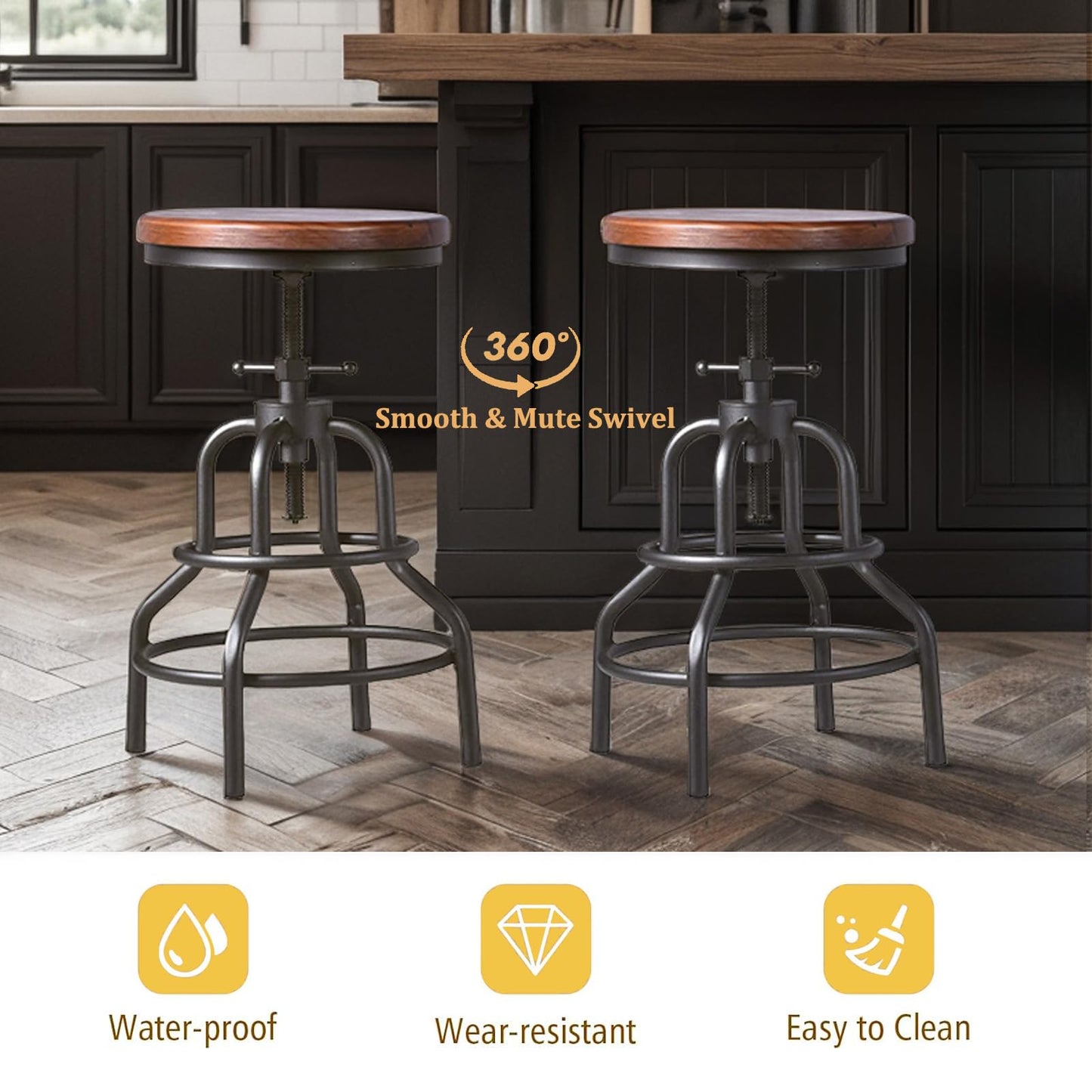 LOKKHAN Vintage Industrial Bar Stool-Rustic Swivel Barstools-Round Wood Metal Base-Kitchen Counter Height Adjustable Pipe Stool-Cast Steel Chairs 20-27 Inch (Set of 2)