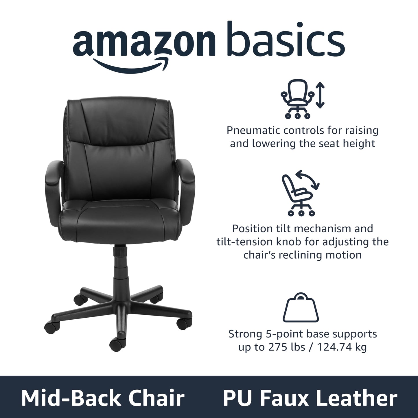 Amazon Basics Office Task Chair with Adjustable Height, 360° Swivel, Padded Armrests, Mid-Back, Rolling, 275 Pound Capacity, 24.2"D x 24"W x 34.8"H, Black Faux Leather