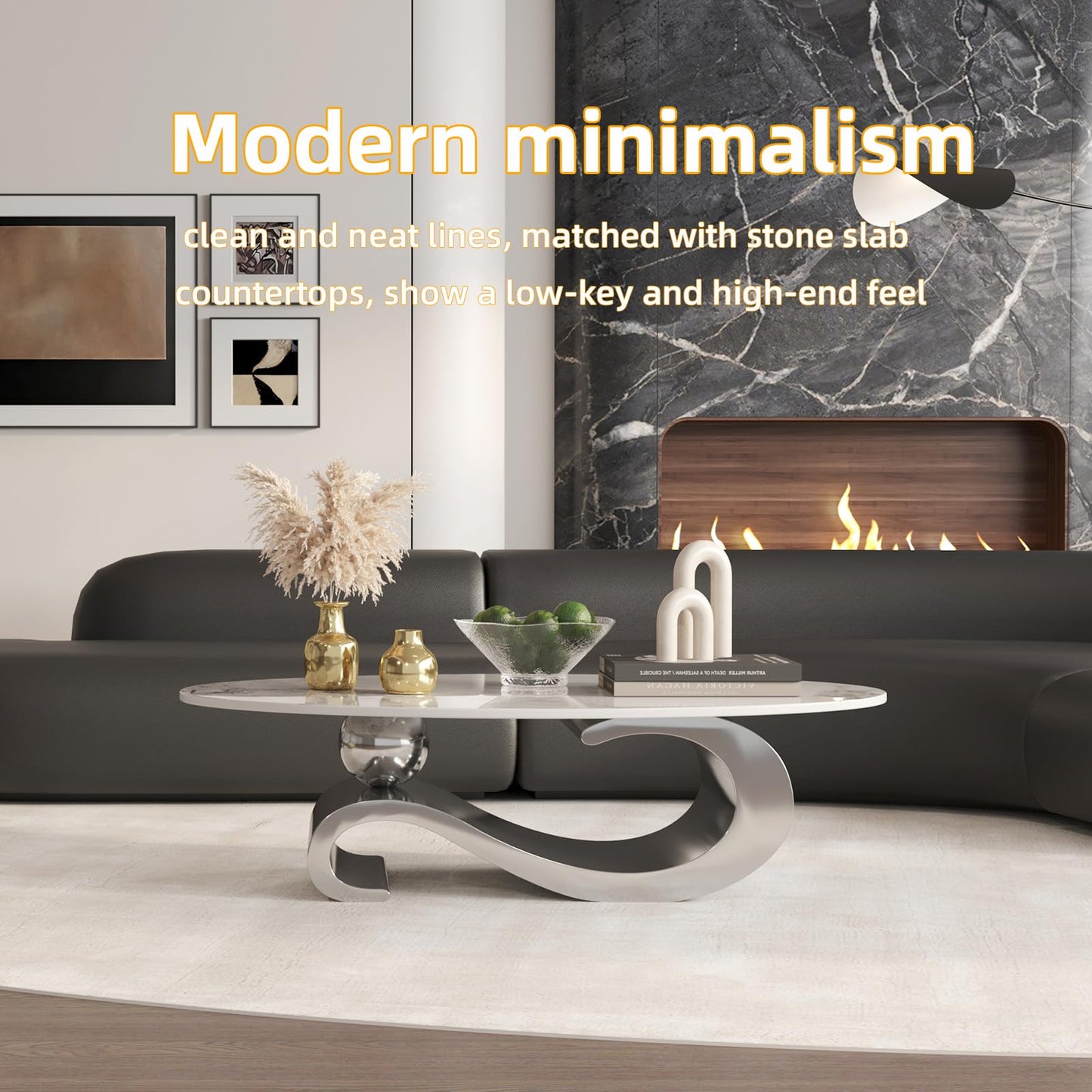 52" Oval Marble Coffee Table for Living Room, Modern Stainless Steel Silver Metal Base, Scratch-Resistant Accent Table, Luxury Center Table for Home Decor, Easy Assembly