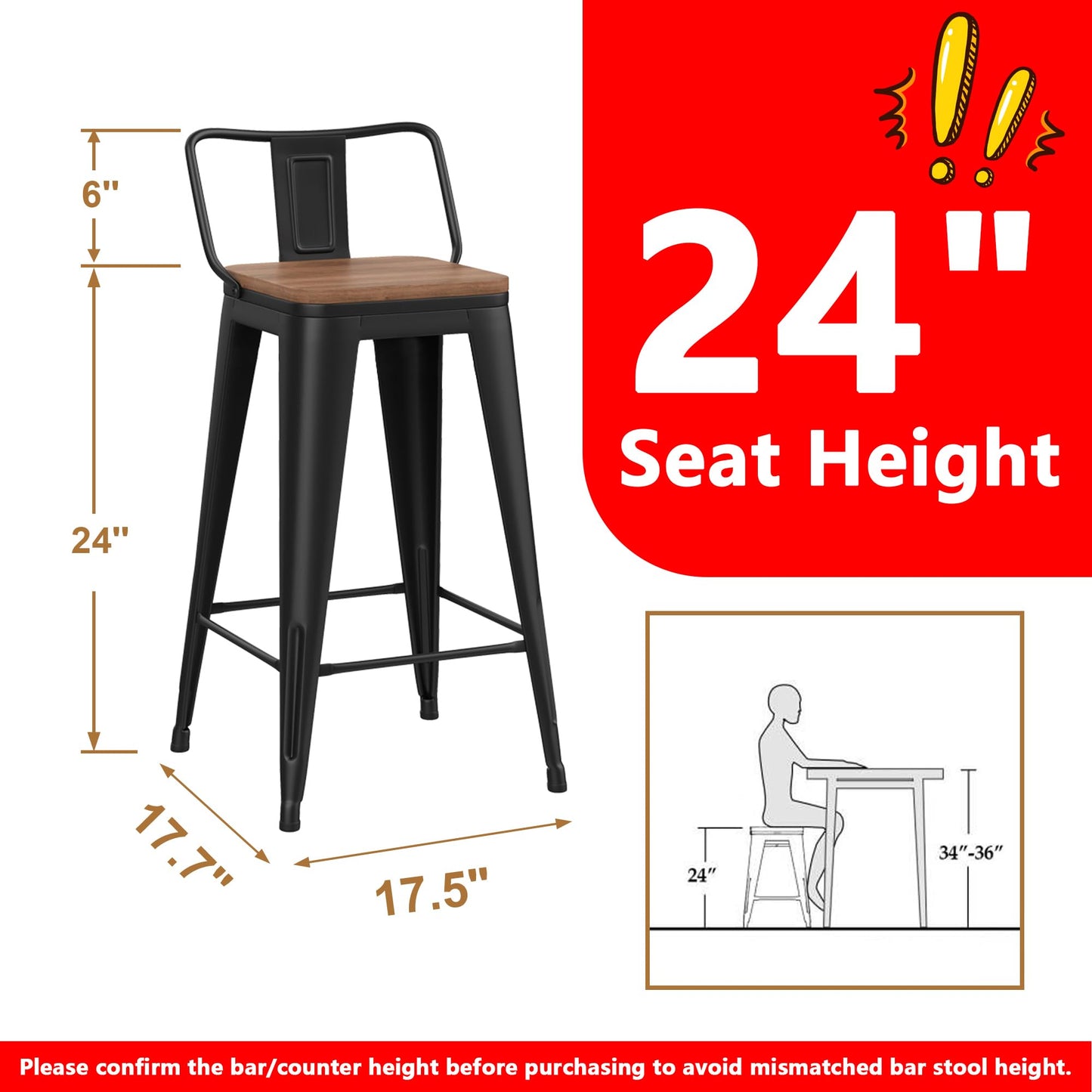 WENTMENT Metal Bar Stools Set of 4 Counter Height Barstools with Removable Back 24" Kitchen Bar Stools with Wooden Seat, Black