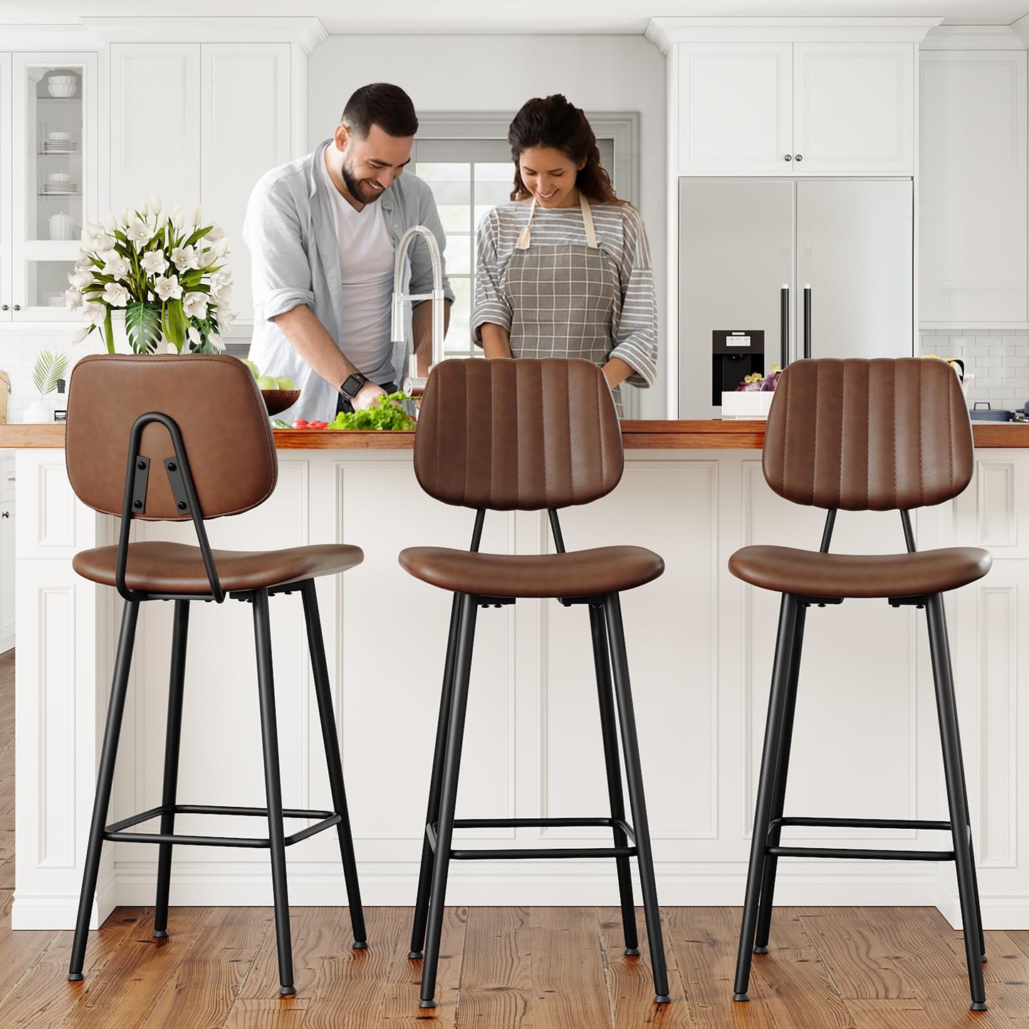 Raynesys 29-Inch Leather Bar Stools Set of 3 with High Backrest, Dark Brown
