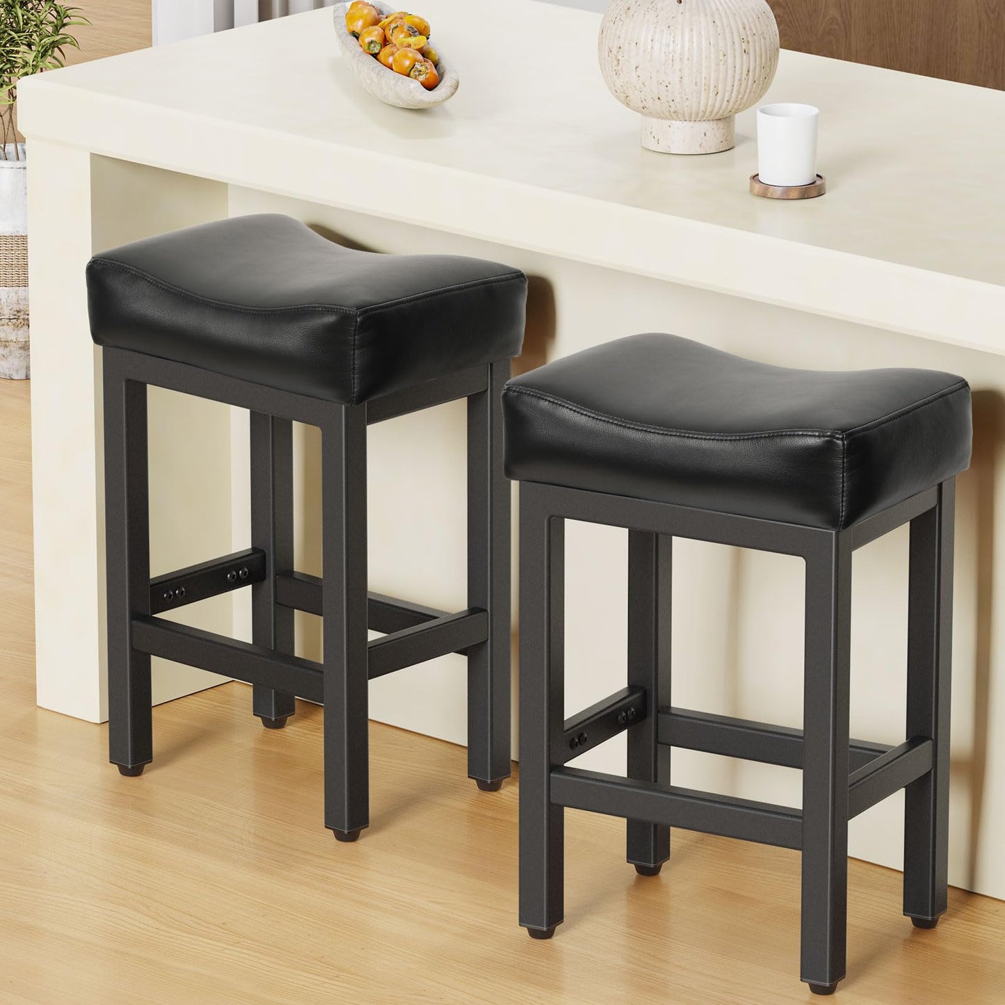 Raynesys 24 Inche Bonded Leather Counter Height Bar Stools Set of 2 Square