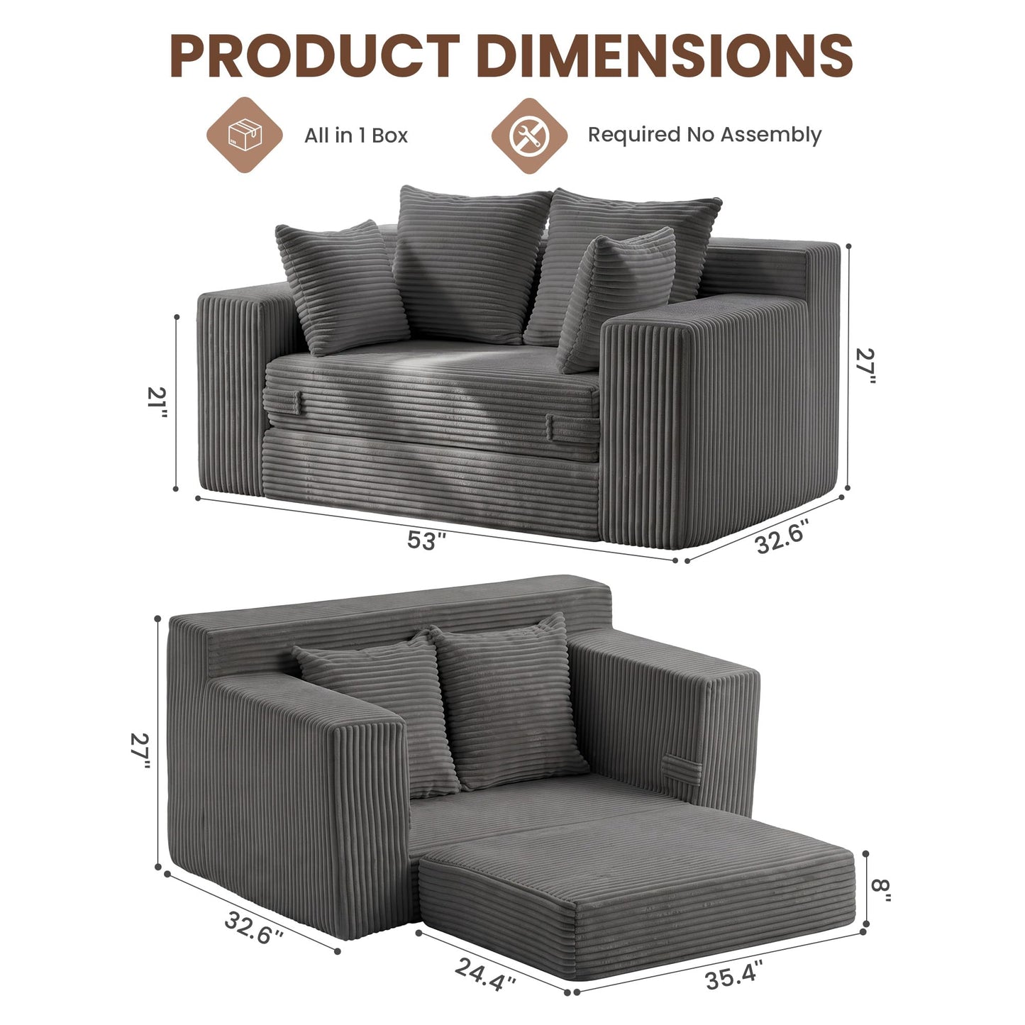 JUIKURY Boneless Mini Couch 53 Inch, 3-in-1 Gray Boneless Couches Covertible Sofa Bed with 4 Pillows, Small Couches for Living Room, Bedroom, Small Space