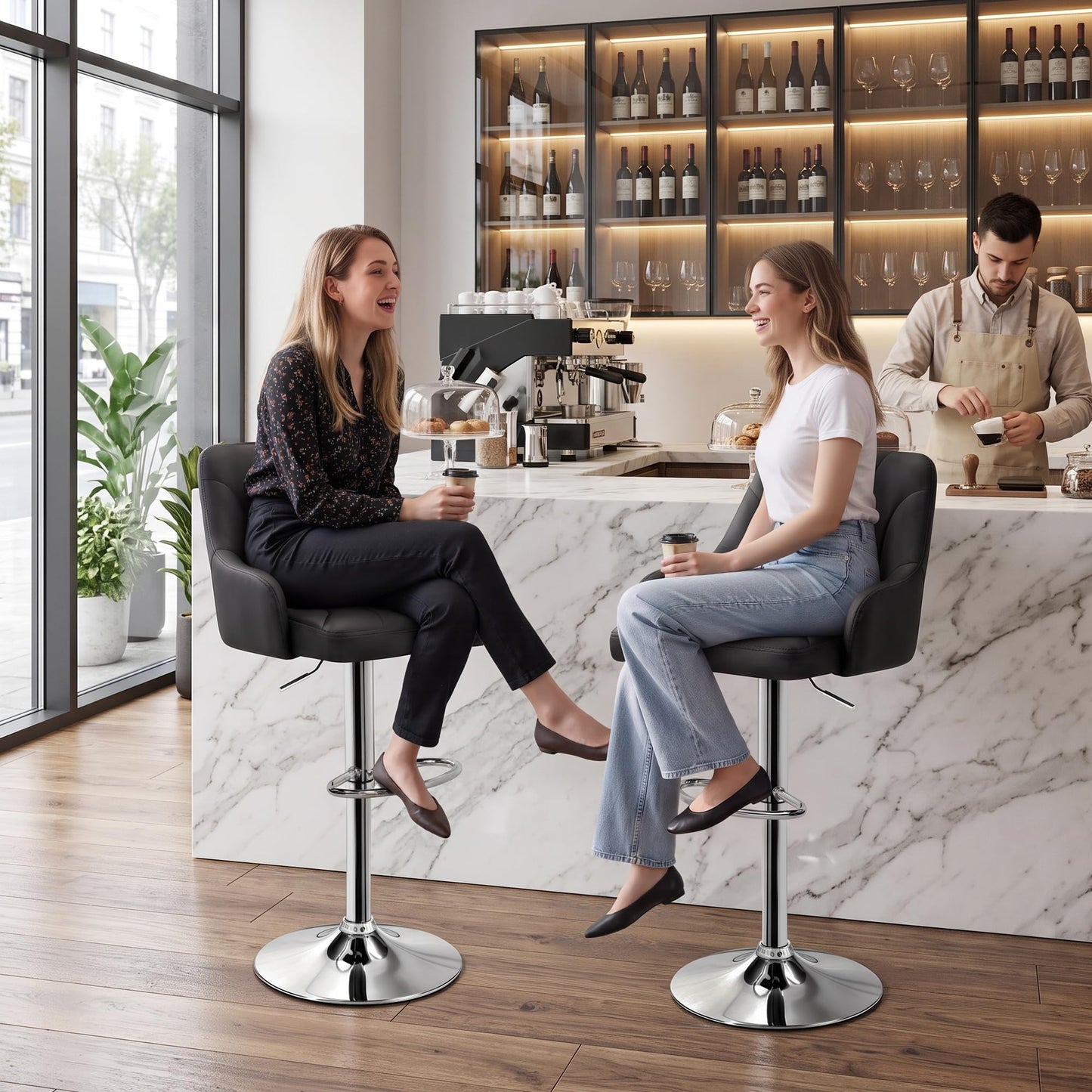 VECELO Bar Stools Set of 2, Adjustable Barstools, Counter Height Stools with Back and Arm, Kitchen Island Stools, Swivel PU Chairs for Pub, Dining Room, Modern Style, Black