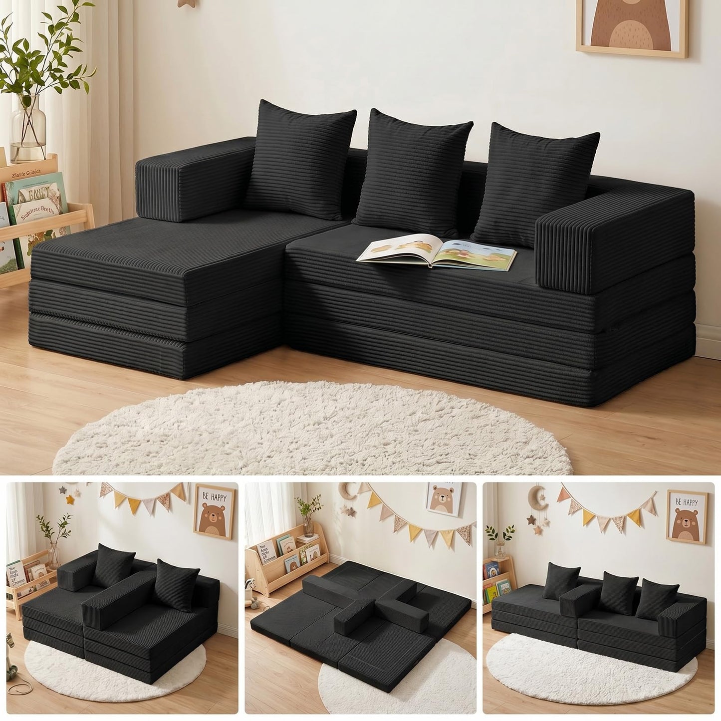 Ziydily Boneless Couch, L Shaped Couch with Chaise, 5-in-1 Comfy Corduroy Fluffy Sofas, Mini Flexible Module Combination Compact Room Couch, No Assembly, Black