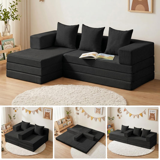 Ziydily Boneless Couch, L Shaped Couch with Chaise, 5-in-1 Comfy Corduroy Fluffy Sofas, Mini Flexible Module Combination Compact Room Couch, No Assembly, Black