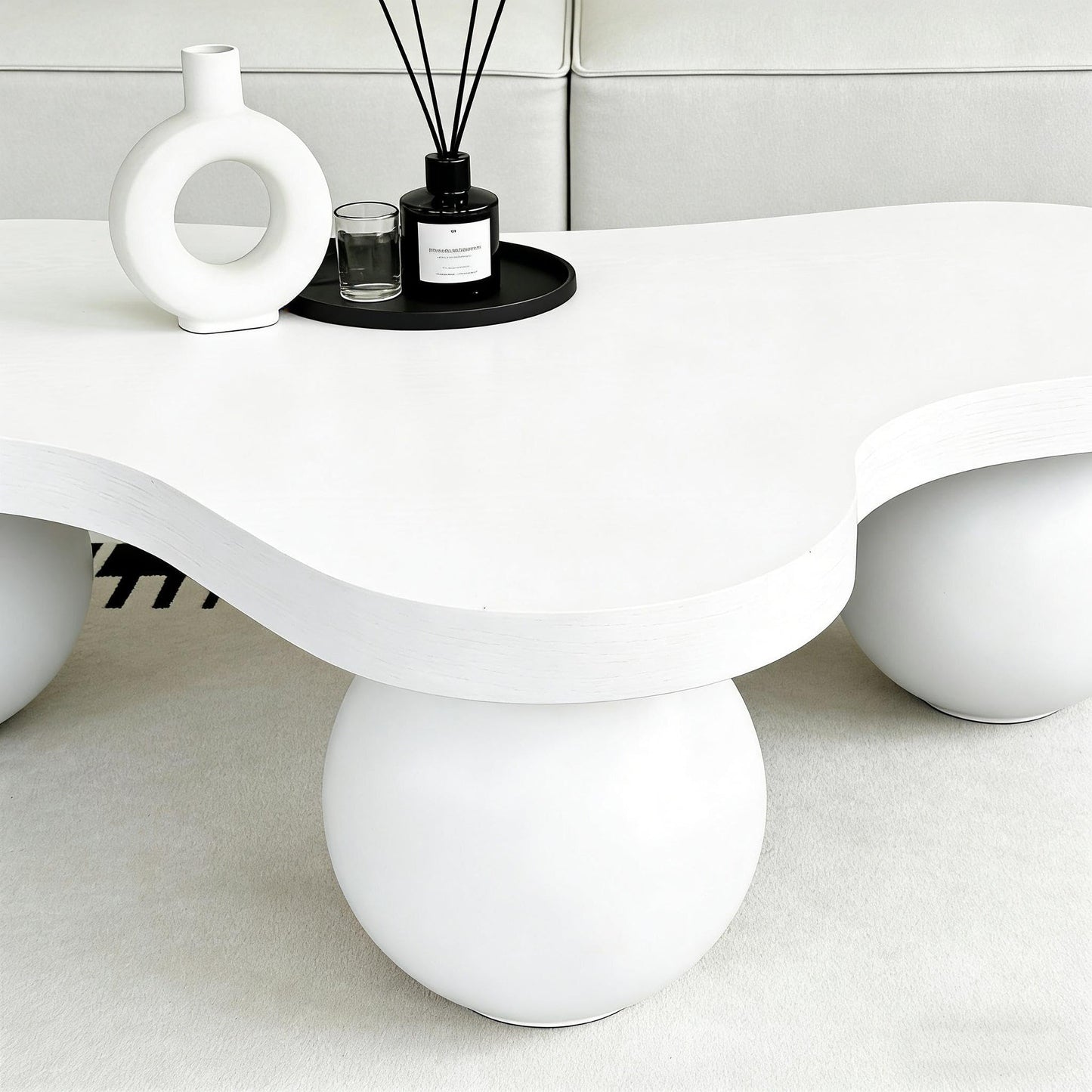 BSYEIO 46" Cloud Coffee Table with 3 Ball Legs, Modern Irregular Center Table for Living Room, Low Cute Small MDF Tea Table for Bedroom, Space Apartment Cream White