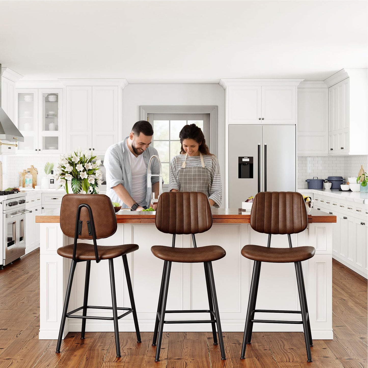 Raynesys 24-Inch Leather Bar Stools Set of 2 with High Backrest, Dark Brown