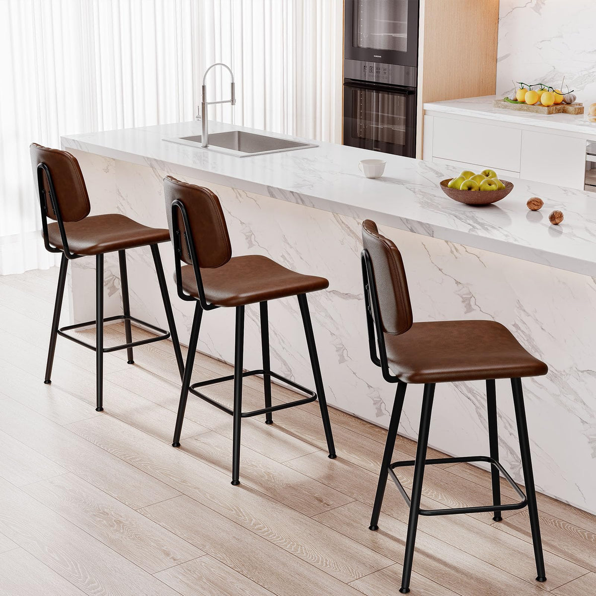 Raynesys 24-Inch Leather Bar Stools Set of 2 with High Backrest, Dark Brown