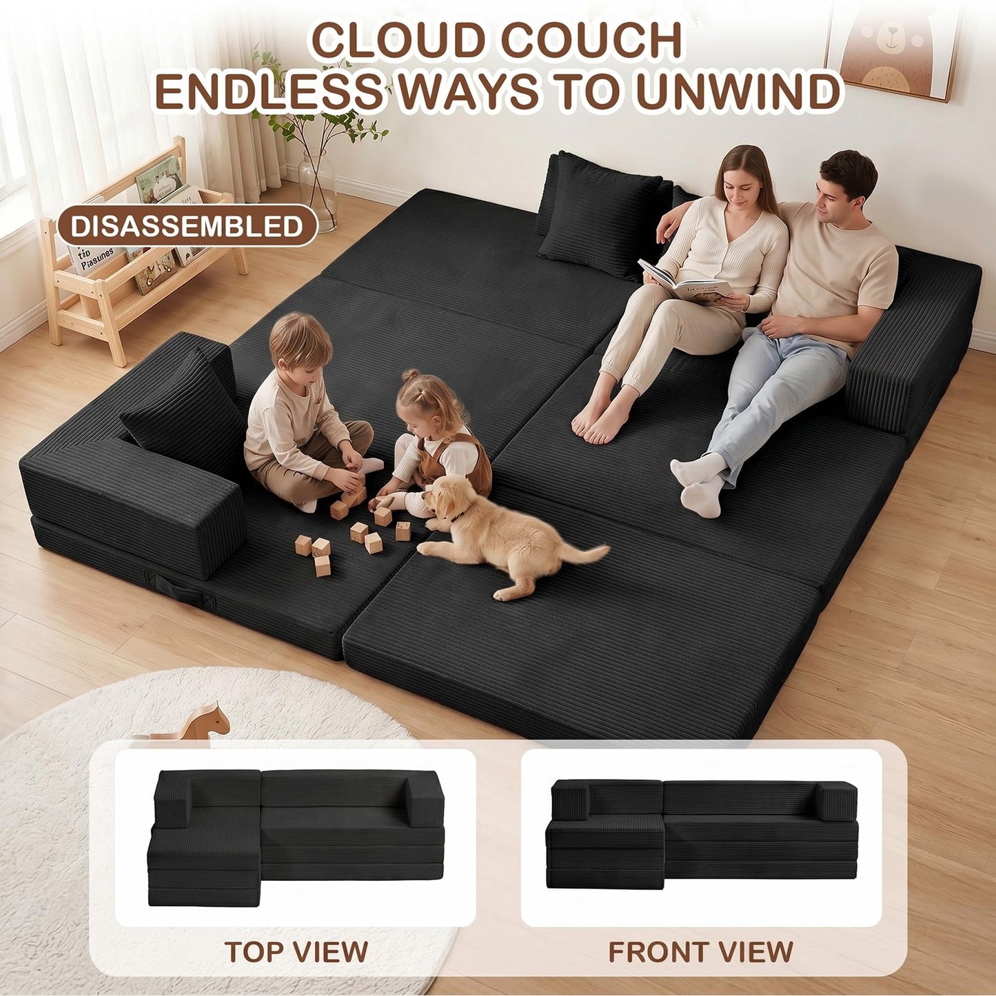 Ziydily Boneless Couch, L Shaped Couch with Chaise, 5-in-1 Comfy Corduroy Fluffy Sofas, Mini Flexible Module Combination Compact Room Couch, No Assembly, Black
