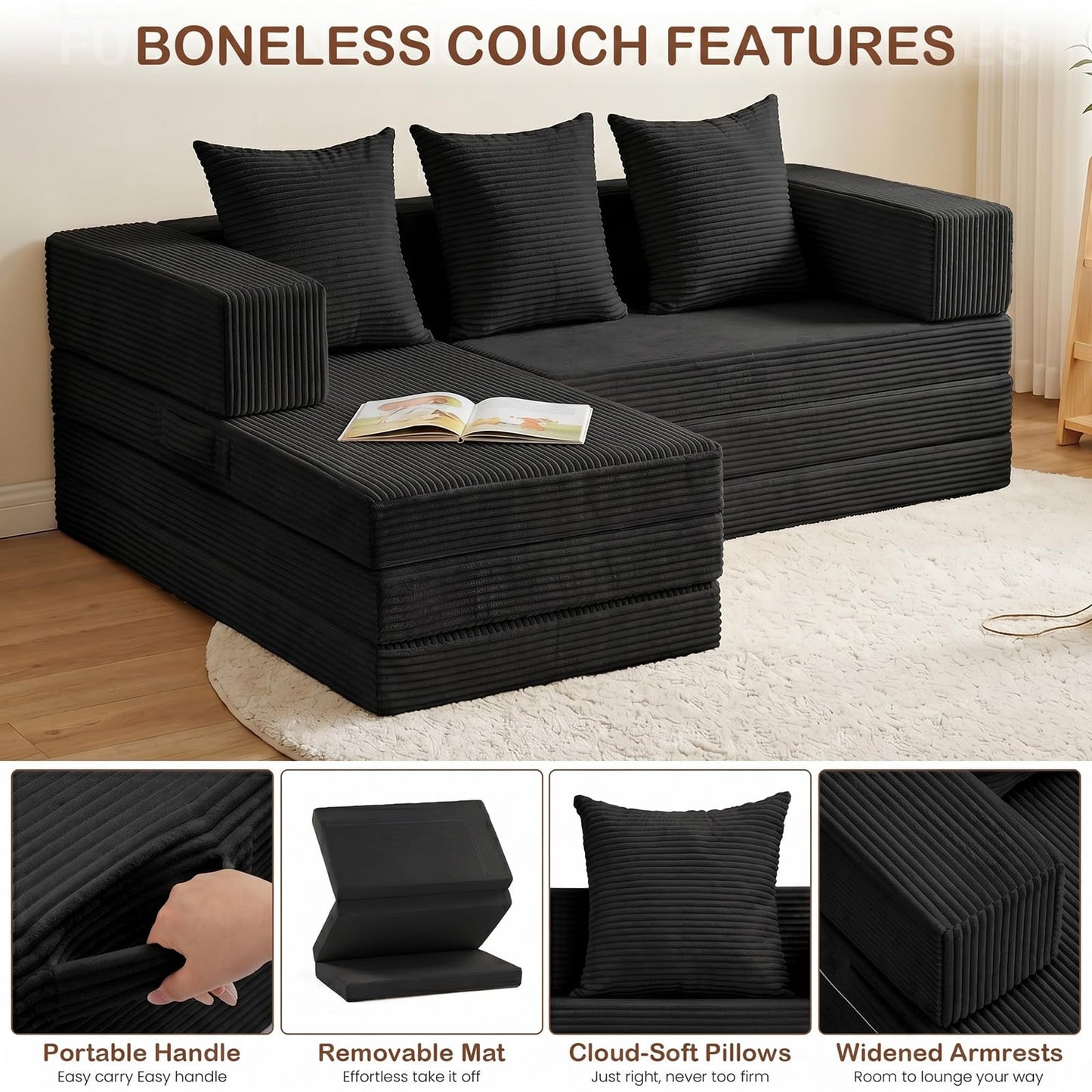 Ziydily Boneless Couch, L Shaped Couch with Chaise, 5-in-1 Comfy Corduroy Fluffy Sofas, Mini Flexible Module Combination Compact Room Couch, No Assembly, Black