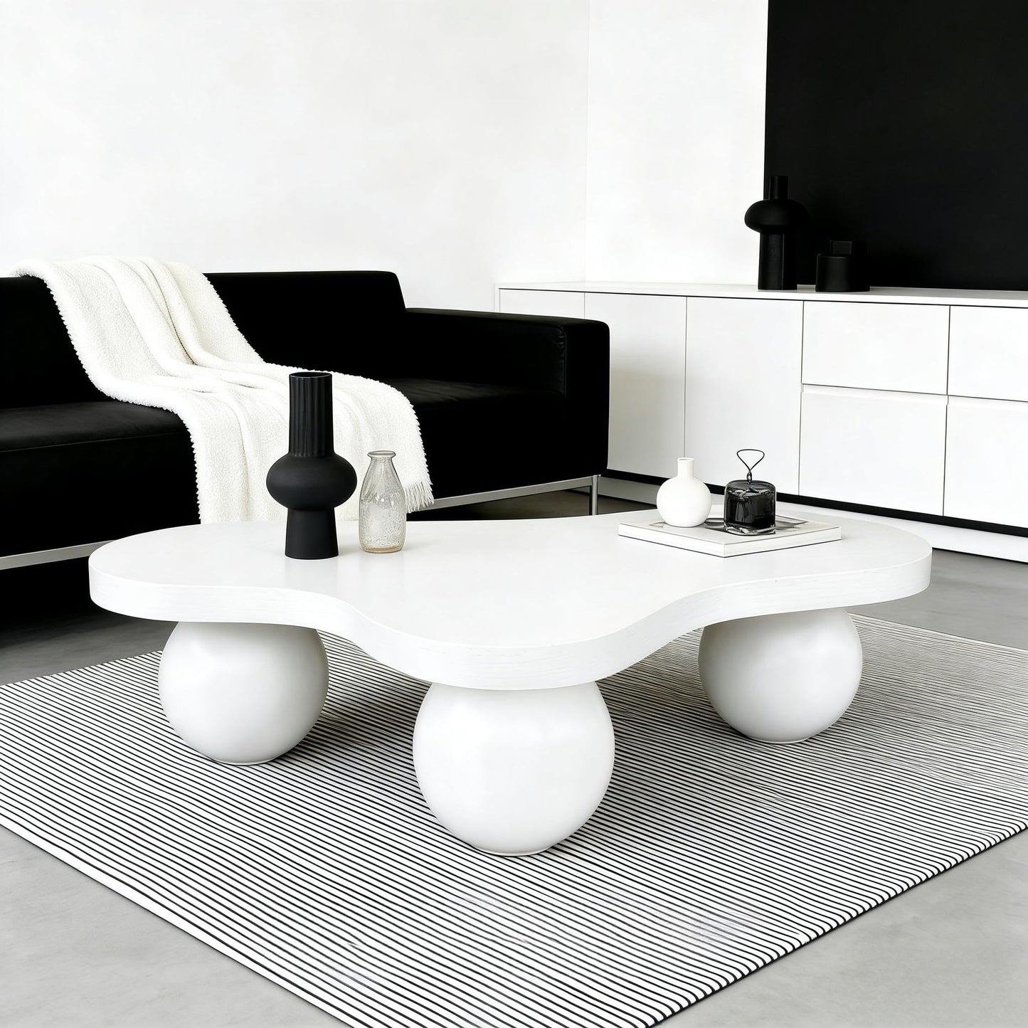 BSYEIO 46" Cloud Coffee Table with 3 Ball Legs, Modern Irregular Center Table for Living Room, Low Cute Small MDF Tea Table for Bedroom, Space Apartment Cream White