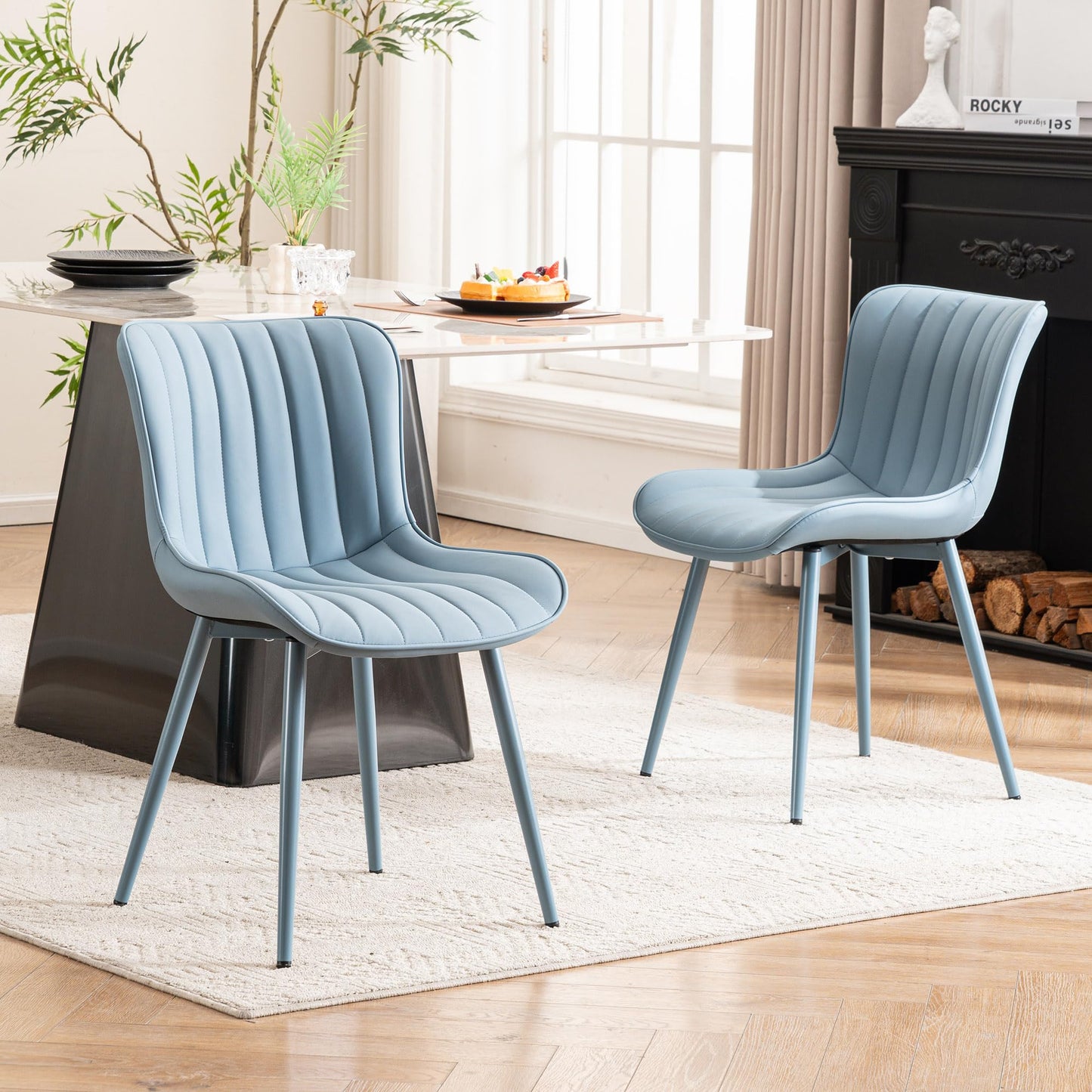 YOUNUOKE Mid-Century Modern Dining Chairs Set of 2, Blue PU Leather