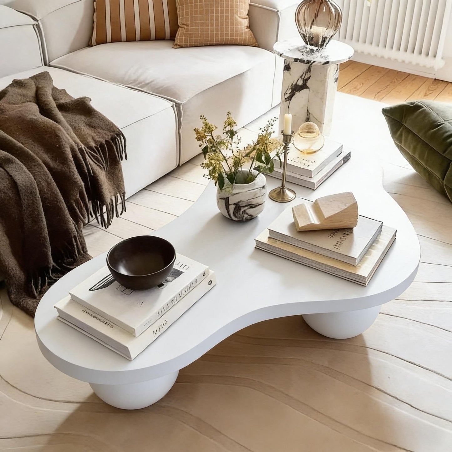 BSYEIO 46" Cloud Coffee Table with 3 Ball Legs, Modern Irregular Center Table for Living Room, Low Cute Small MDF Tea Table for Bedroom, Space Apartment Cream White