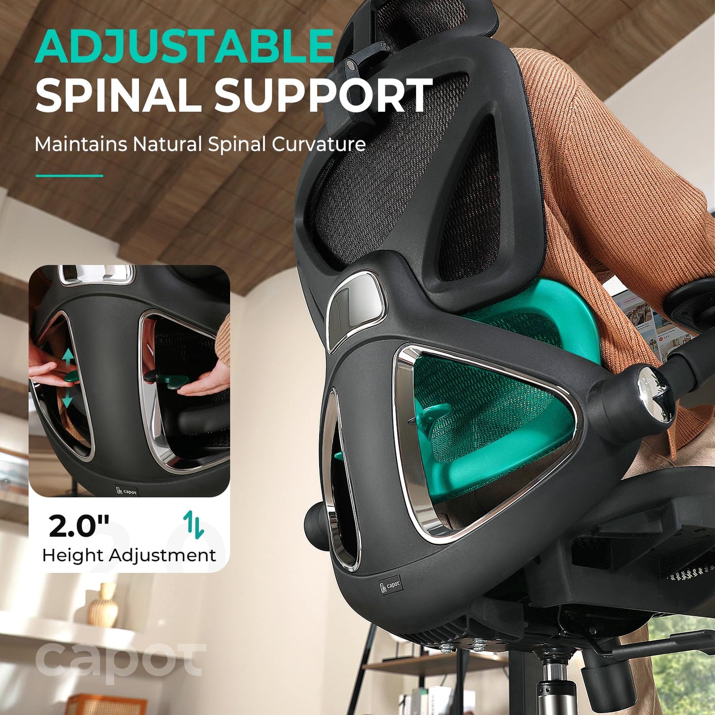 CAPOT Ergonomic Mesh Office Chair, Adjustable Lumbar High Back Desk Chair 400lbs, 4D Flip-up Arms, 3-Level Tilt Backrest, 3D Headrest, PU Wheels, Swivel Rolling Computer Seating for Long Desk Work