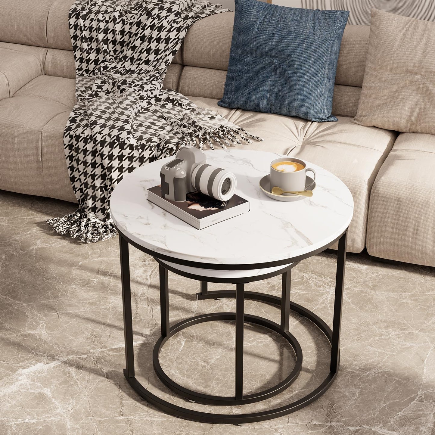 aboxoo Round Nesting Coffee Table Side Table Set of 2 End Tables for Living Room Bedroom Balcony, White Faux Marble Wooden Table Accent Coffee Table with Black Steel Frame