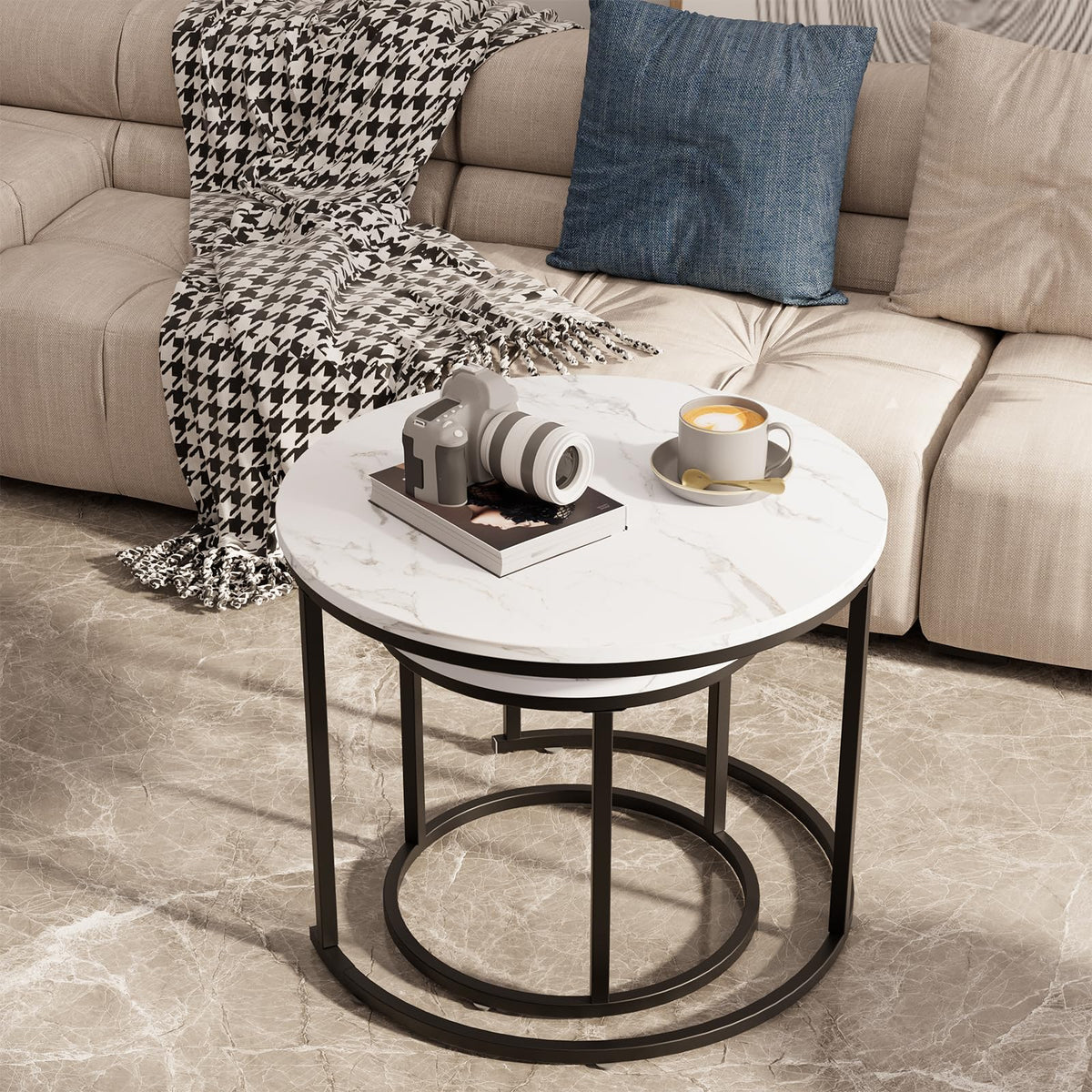 aboxoo Round Nesting Coffee Table Side Table Set of 2 End Tables for Living Room Bedroom Balcony, White Faux Marble Wooden Table Accent Coffee Table with Black Steel Frame