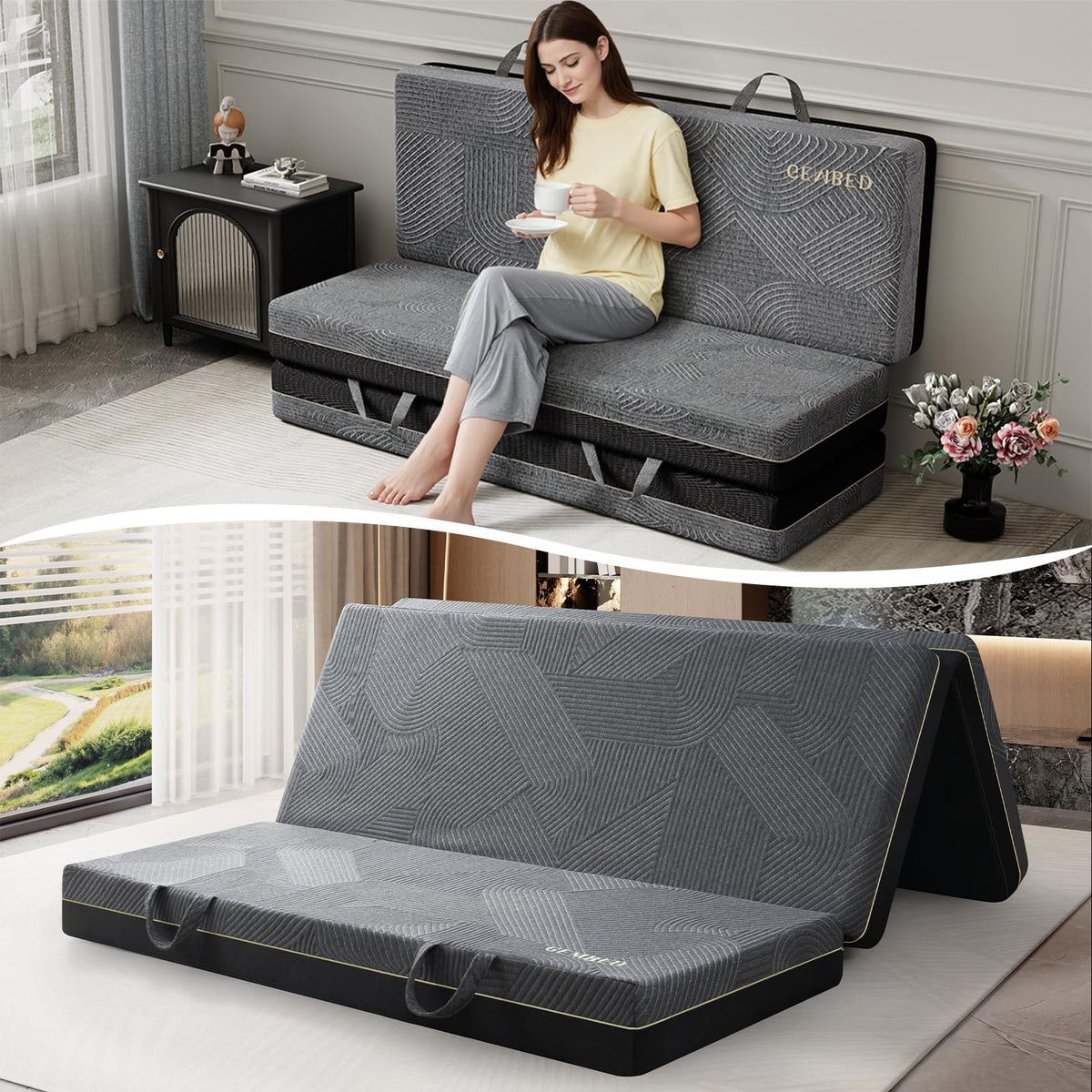 GEMBED Tri Folding Mattress Queen Size - 6 Inch Foldable Floor Sofa Bed