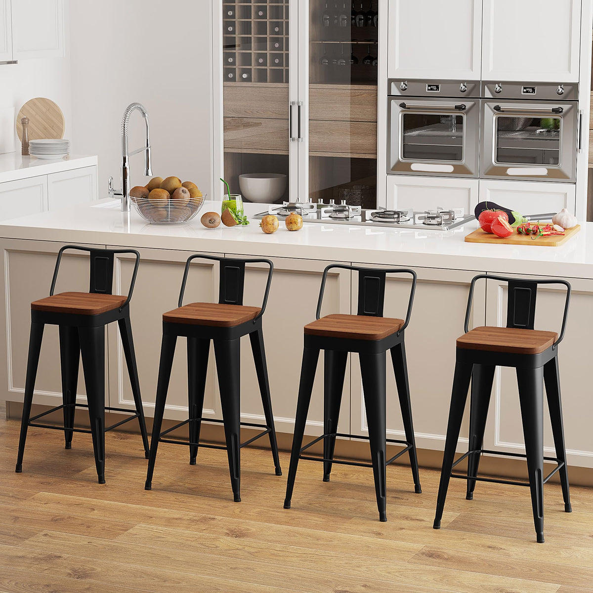 POINTANT Bar Stools Set of 4 Metal Bar Stool Counter Height Bar Stools Black, Modern Bar Chairs with Back and Wooden Seat 30" Bar Stool Counter Height