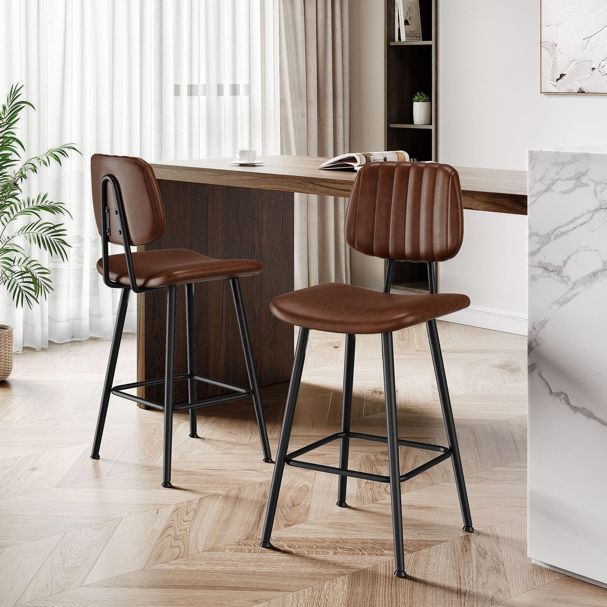 Raynesys 24-Inch Leather Bar Stools Set of 2 with High Backrest, Dark Brown