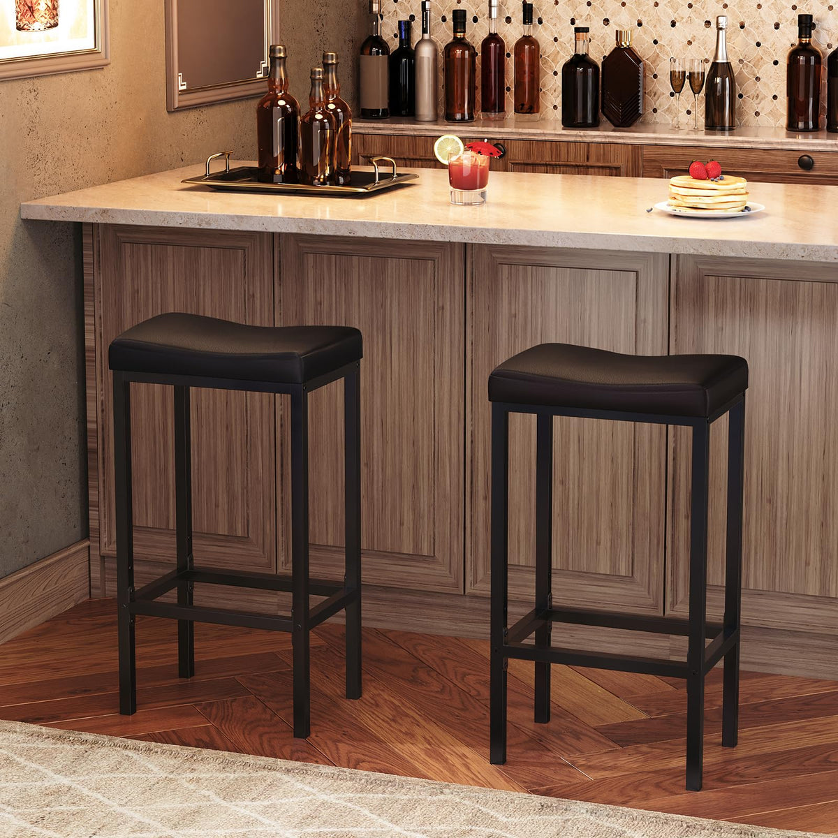 HOOBRO Bar Stools, Set of 2 Bar Chairs, Counter Height Stools, Saddle Barstools with Curved Surface, 24.8 Inches, 2.4" Thick Upholstery, for Kitchen, Dining Room, Cafe Black BB10BY01