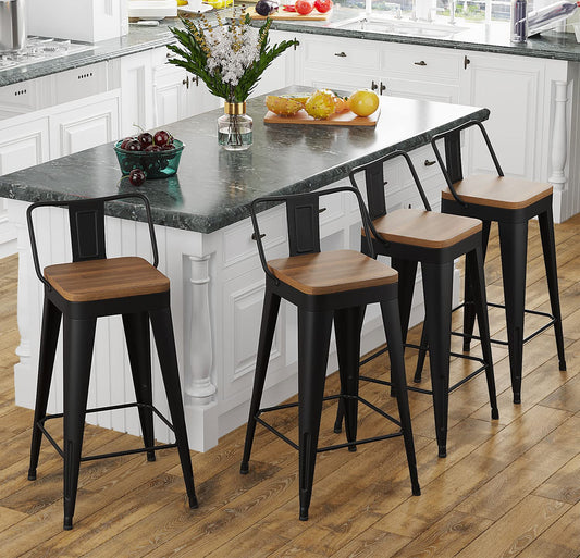 POINTANT Bar Stools Set of 4 Metal Bar Stool Counter Height Bar Stools Black, Modern Bar Chairs with Back and Wooden Seat 30" Bar Stool Counter Height
