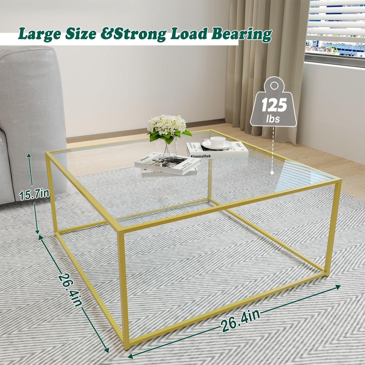 Glass Coffee Table Modern Center Table,Minimalist Coffee Table Sofa Side Tea Table for Living Room,Tempered Glass-top with Sturdy Metal Frame, Easy Assembly,26.4 x 26.4 x 15.7 Inches, Gold