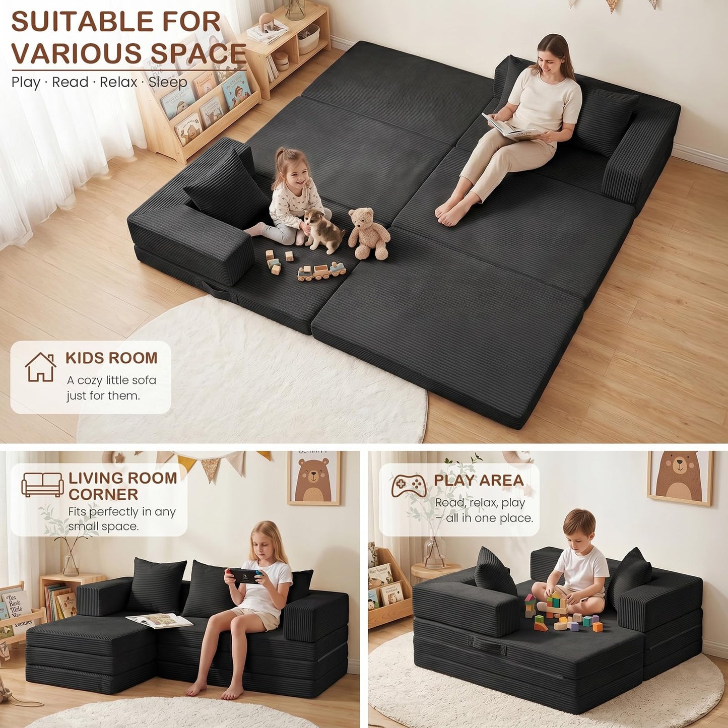 Ziydily Boneless Couch, L Shaped Couch with Chaise, 5-in-1 Comfy Corduroy Fluffy Sofas, Mini Flexible Module Combination Compact Room Couch, No Assembly, Black