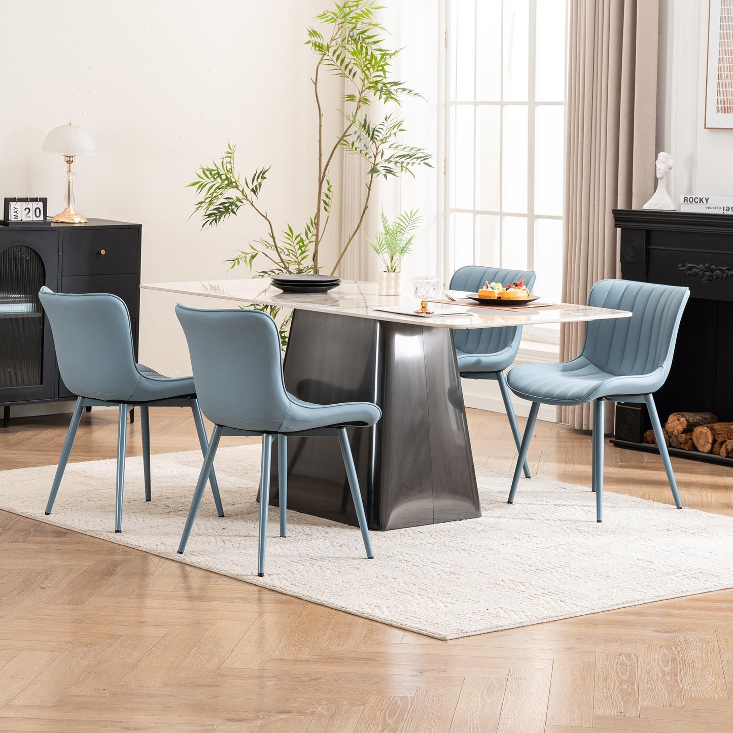 YOUNUOKE Mid-Century Modern Dining Chairs Set of 2, Blue PU Leather