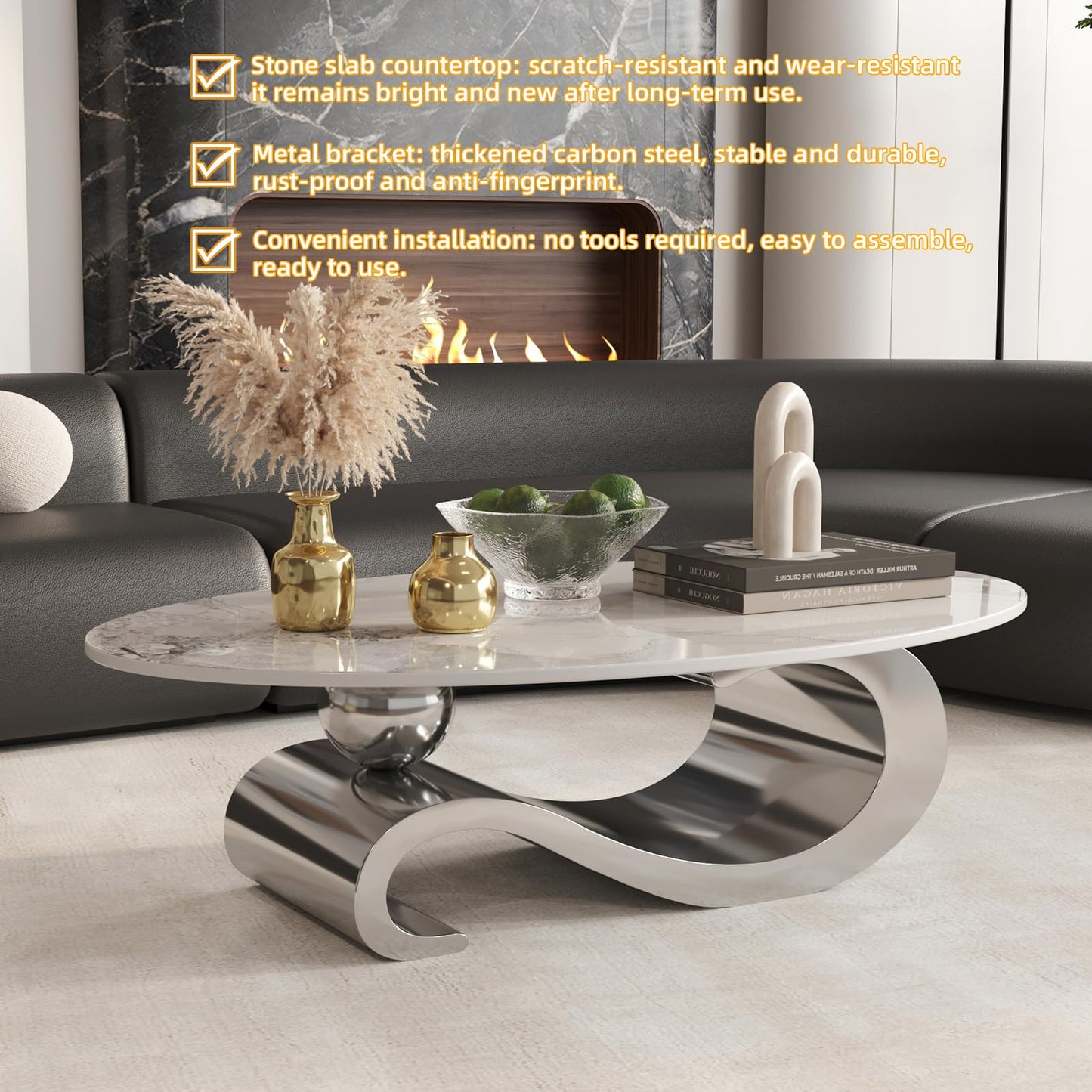 52" Oval Marble Coffee Table for Living Room, Modern Stainless Steel Silver Metal Base, Scratch-Resistant Accent Table, Luxury Center Table for Home Decor, Easy Assembly