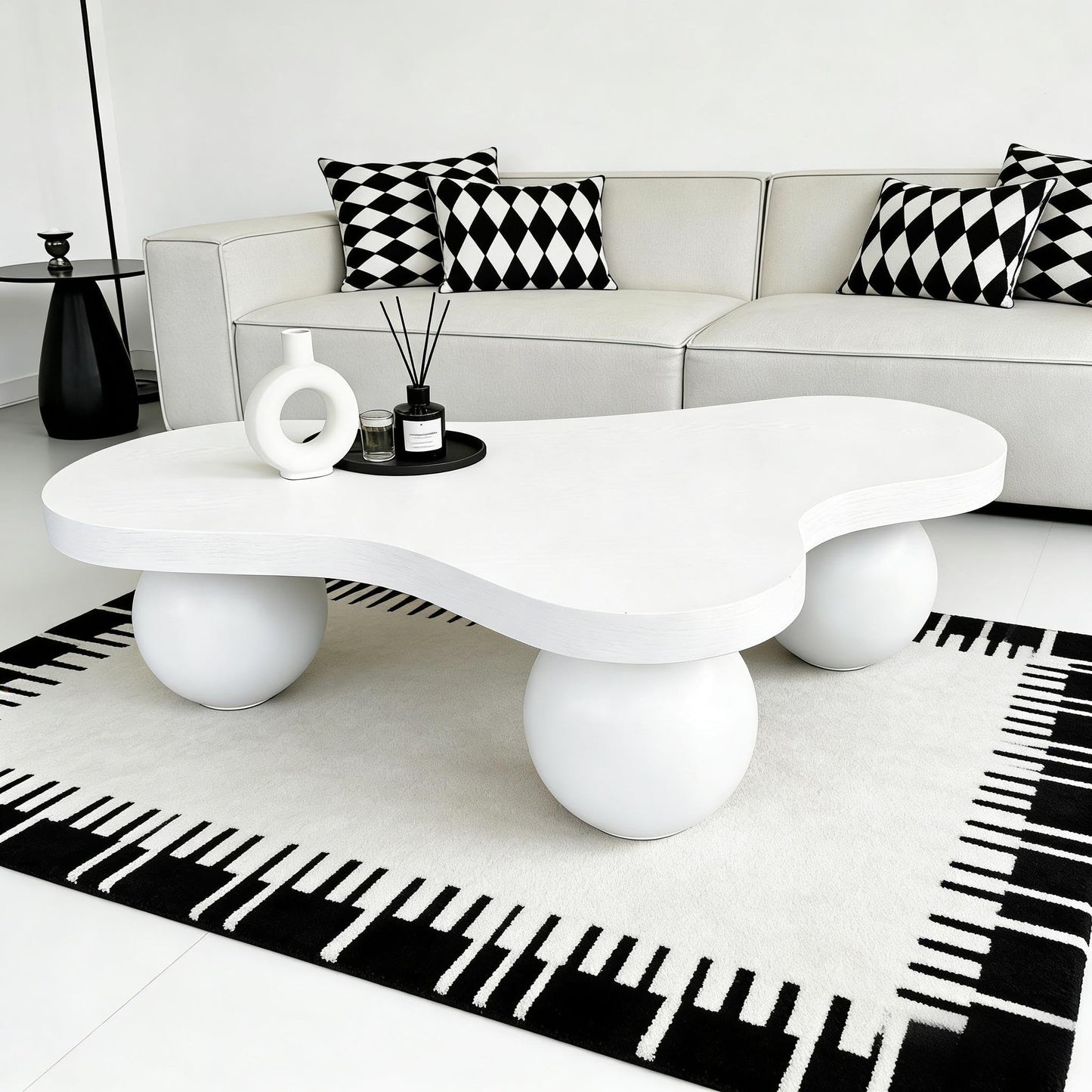 BSYEIO 46" Cloud Coffee Table with 3 Ball Legs, Modern Irregular Center Table for Living Room, Low Cute Small MDF Tea Table for Bedroom, Space Apartment Cream White