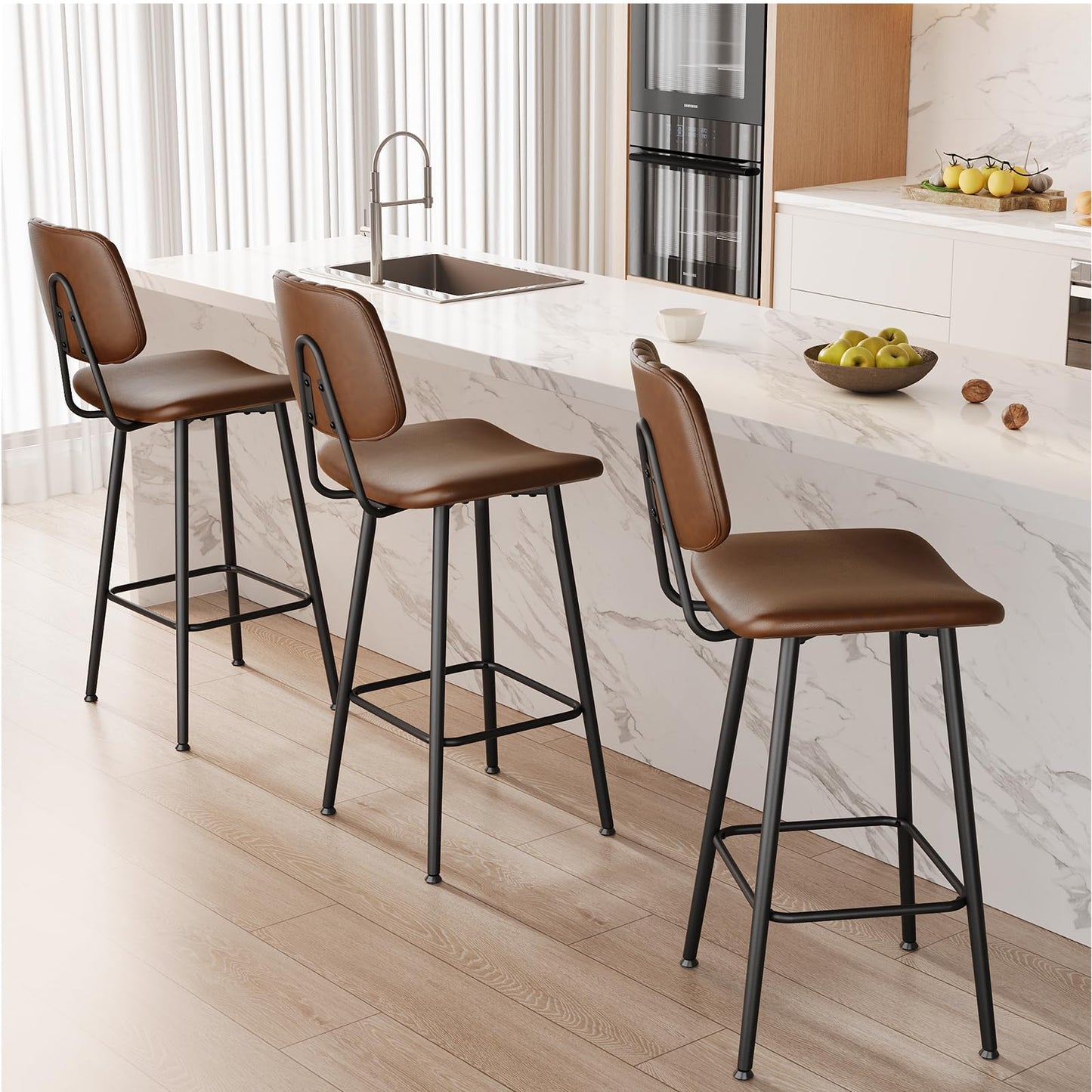 Raynesys 29-Inch Leather Bar Stools Set of 3 with High Backrest, Dark Brown