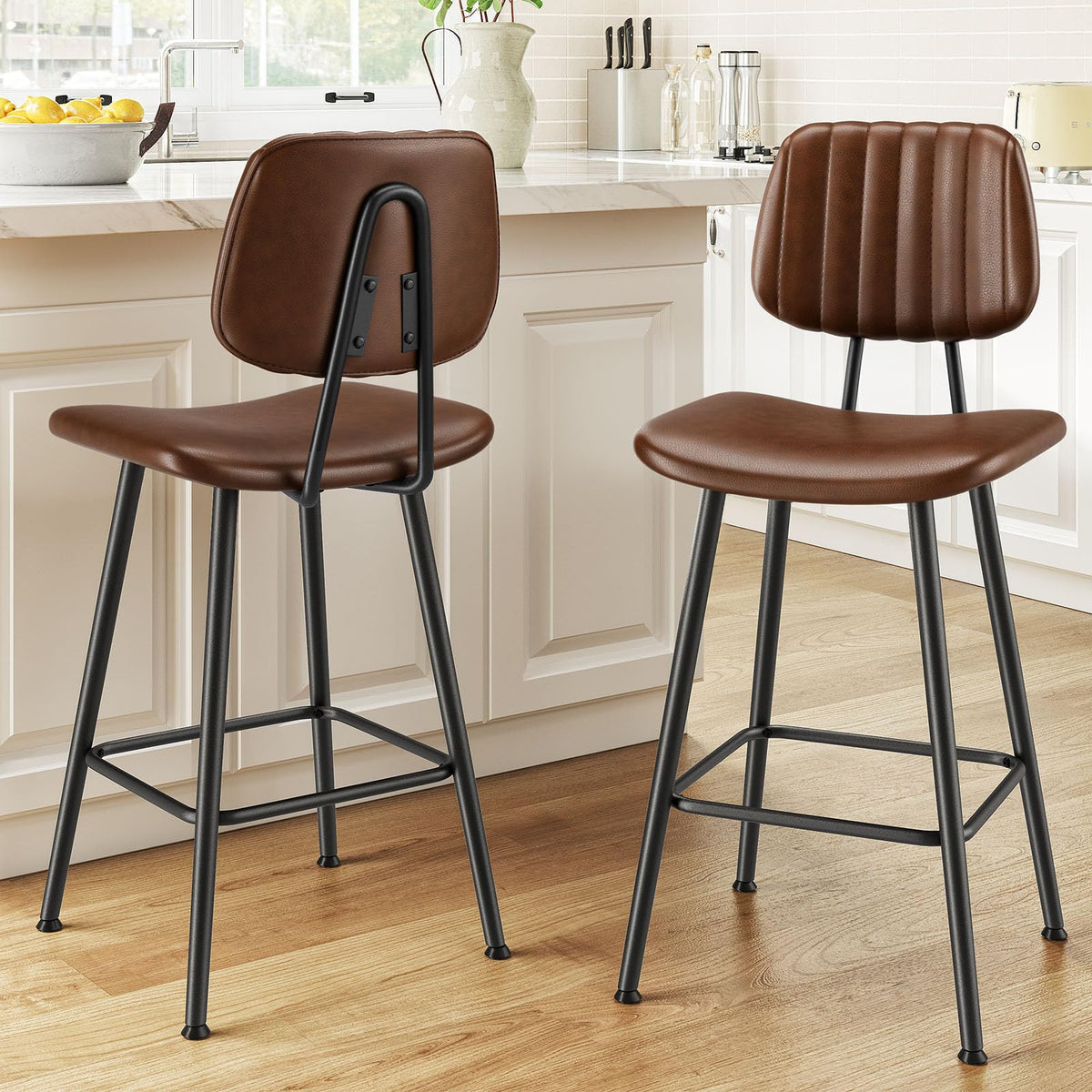 Raynesys 24-Inch Leather Bar Stools Set of 2 with High Backrest, Dark Brown