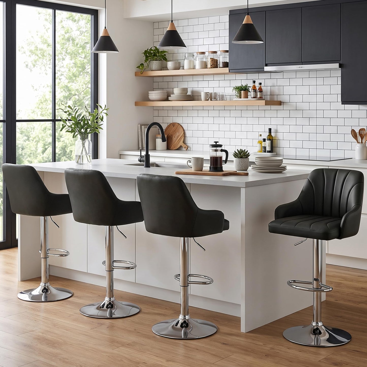 VECELO Bar Stools Set of 2, Adjustable Barstools, Counter Height Stools with Back and Arm, Kitchen Island Stools, Swivel PU Chairs for Pub, Dining Room, Modern Style, Black