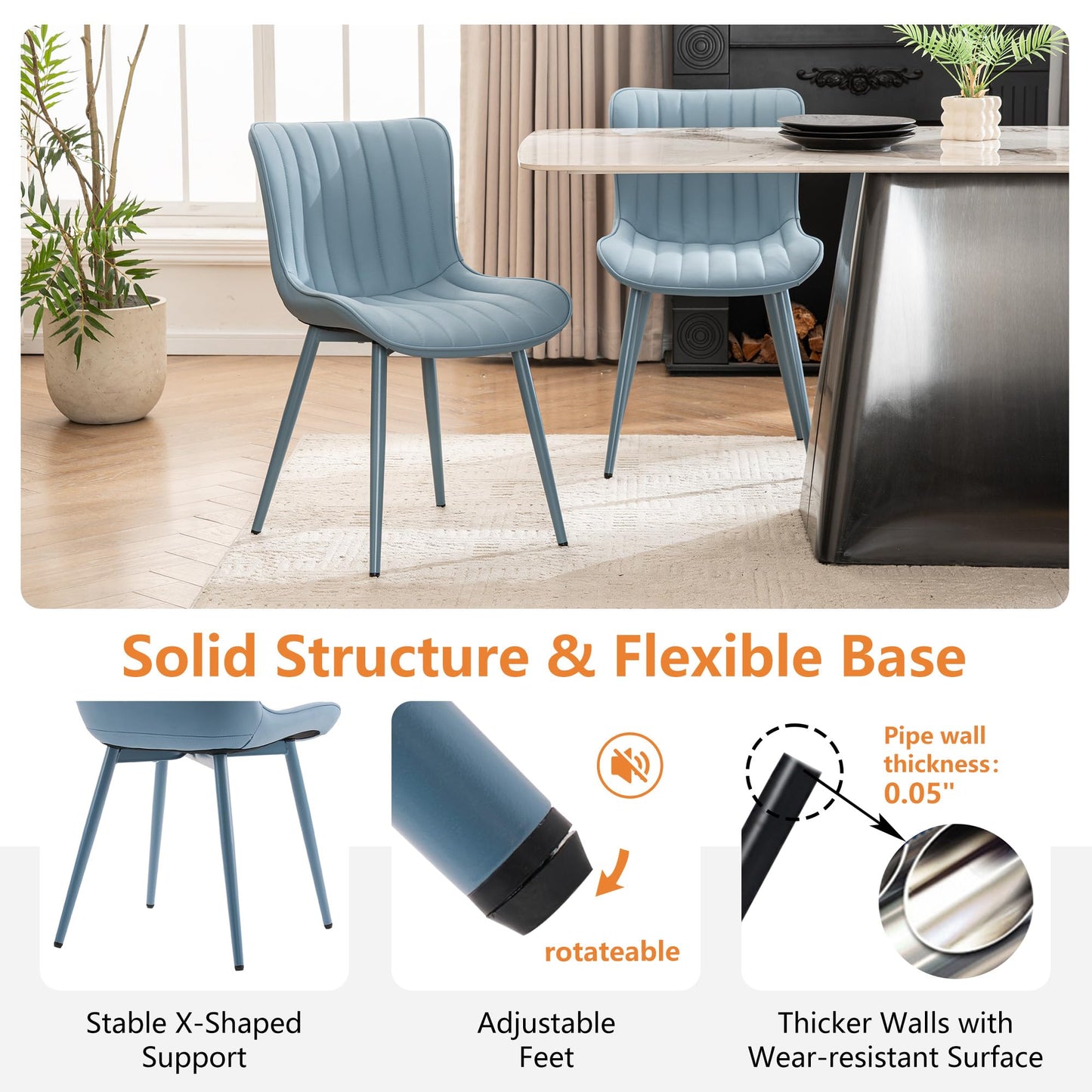 YOUNUOKE Mid-Century Modern Dining Chairs Set of 2, Blue PU Leather