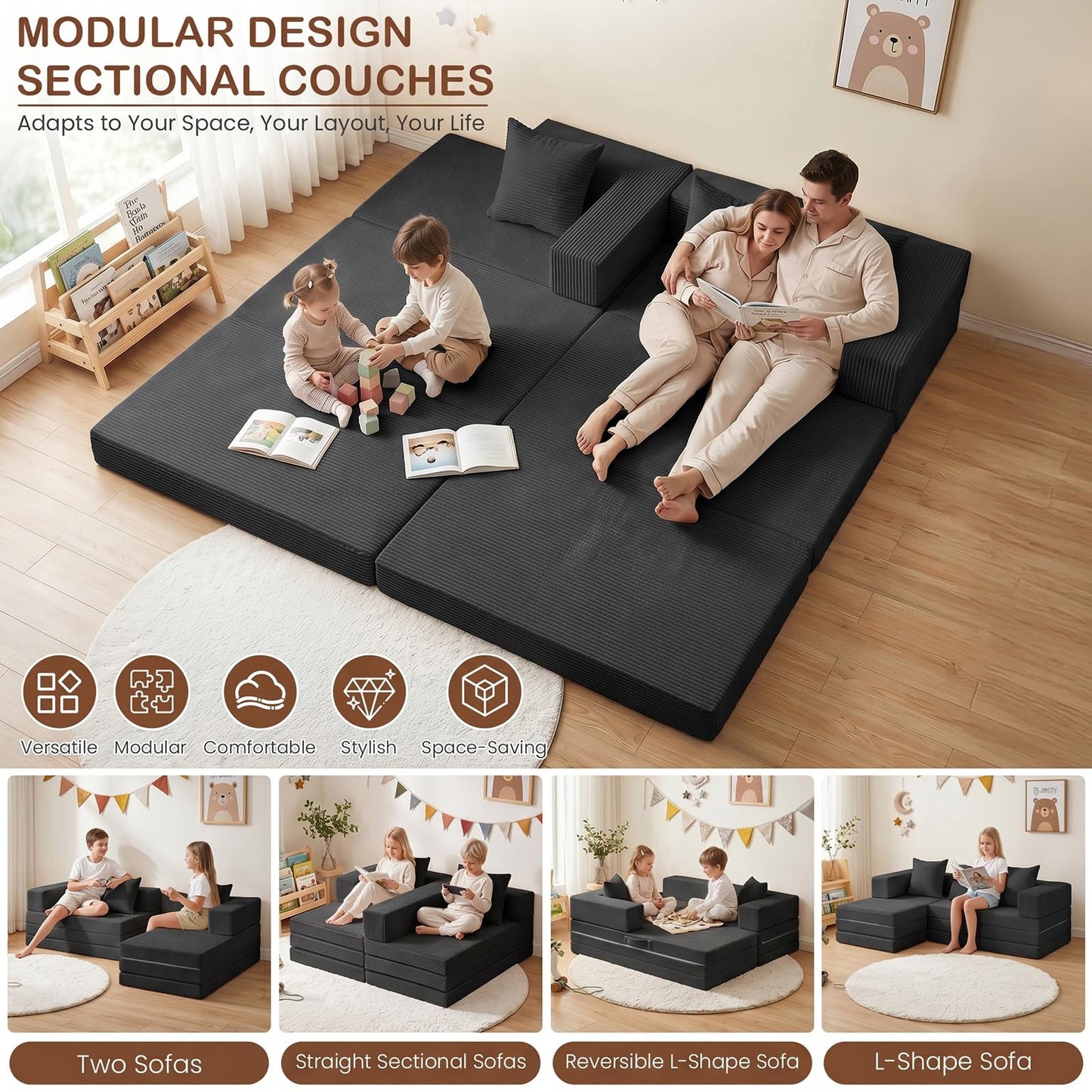 Ziydily Boneless Couch, L Shaped Couch with Chaise, 5-in-1 Comfy Corduroy Fluffy Sofas, Mini Flexible Module Combination Compact Room Couch, No Assembly, Black
