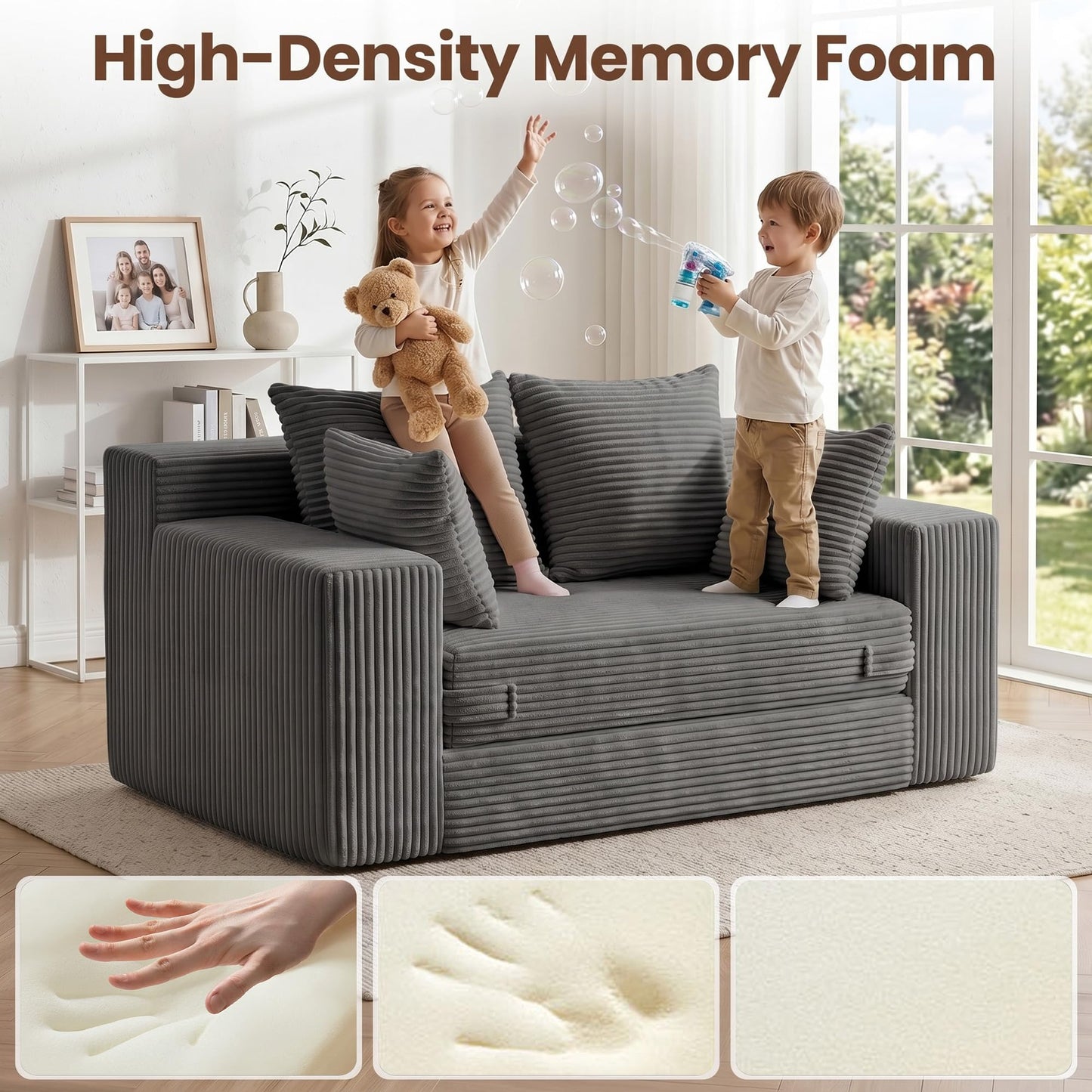 JUIKURY Boneless Mini Couch 53 Inch, 3-in-1 Gray Boneless Couches Covertible Sofa Bed with 4 Pillows, Small Couches for Living Room, Bedroom, Small Space