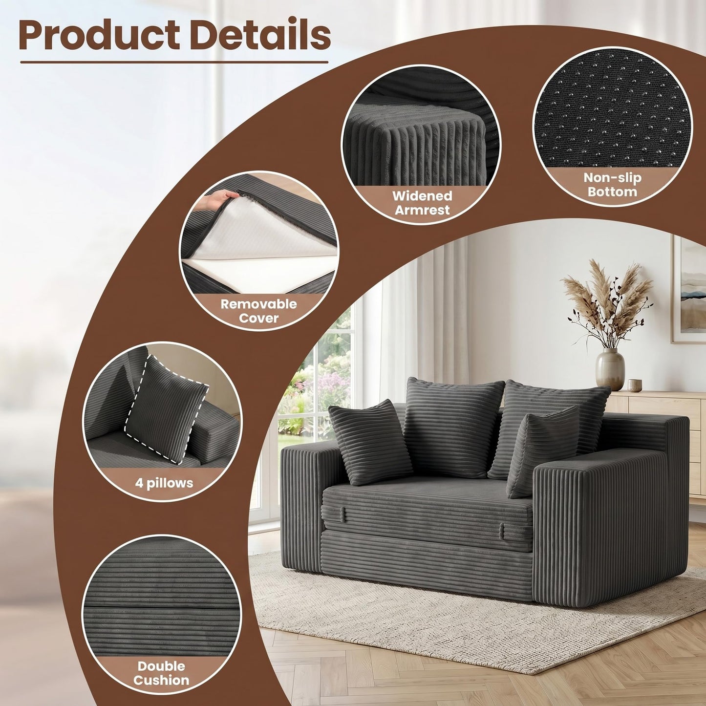 JUIKURY Boneless Mini Couch 53 Inch, 3-in-1 Gray Boneless Couches Covertible Sofa Bed with 4 Pillows, Small Couches for Living Room, Bedroom, Small Space