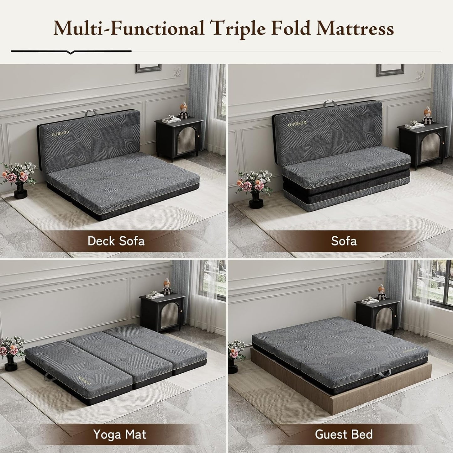 GEMBED Tri Folding Mattress Queen Size - 6 Inch Foldable Floor Sofa Bed