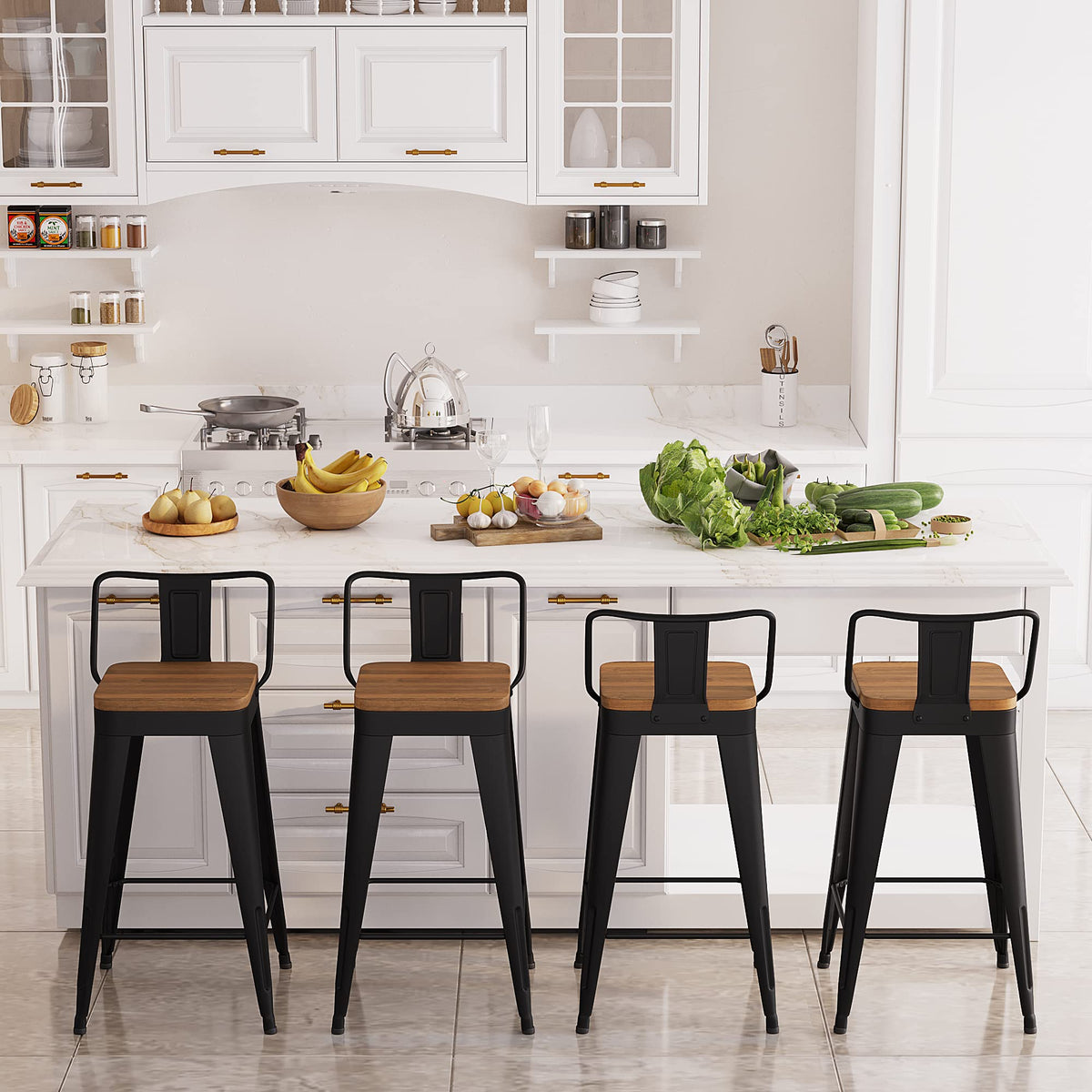 POINTANT Bar Stools Set of 4 Metal Bar Stool Counter Height Bar Stools Black, Modern Bar Chairs with Back and Wooden Seat 30" Bar Stool Counter Height