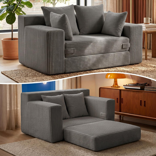 JUIKURY Boneless Mini Couch 53 Inch, 3-in-1 Gray Boneless Couches Covertible Sofa Bed with 4 Pillows, Small Couches for Living Room, Bedroom, Small Space