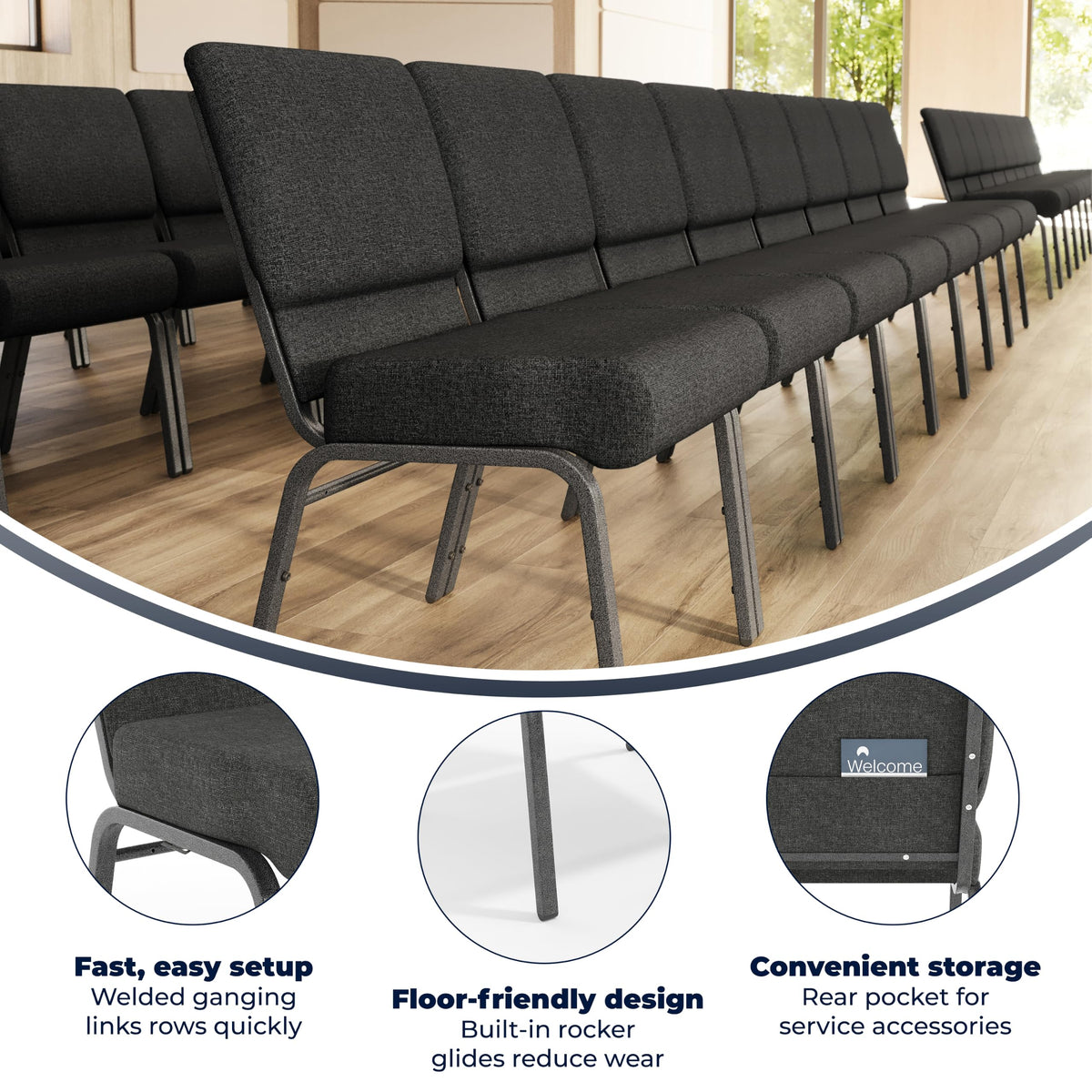 Flash Furniture 4 Pack HERCULES Series 21''W Church Chair in Dark Gray Fabric - Silver Vein Frame